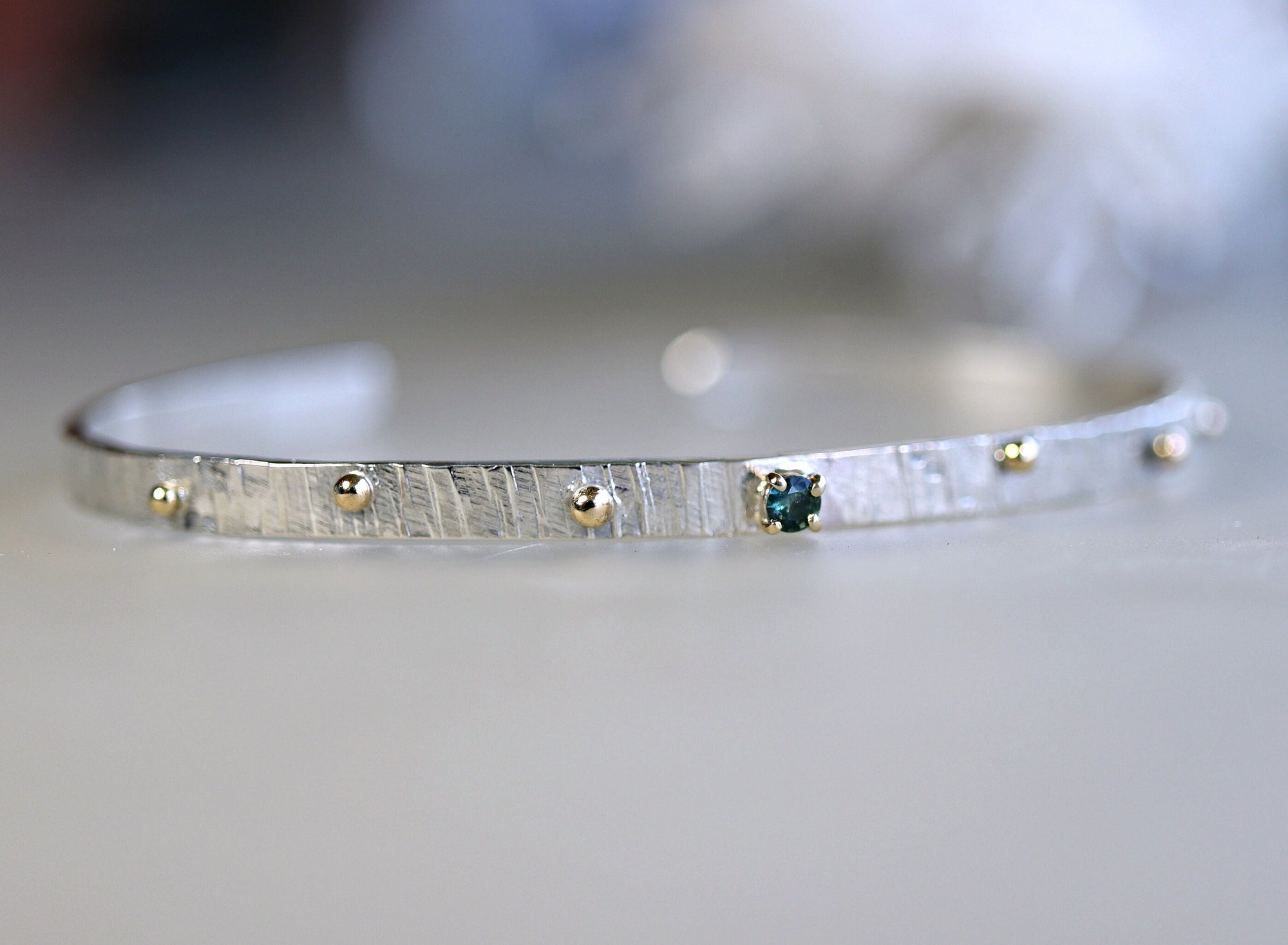 London Blue Topaz or Green Sapphire Hammered Silver Gold Dots Mixed Metal Cuff Bracelet