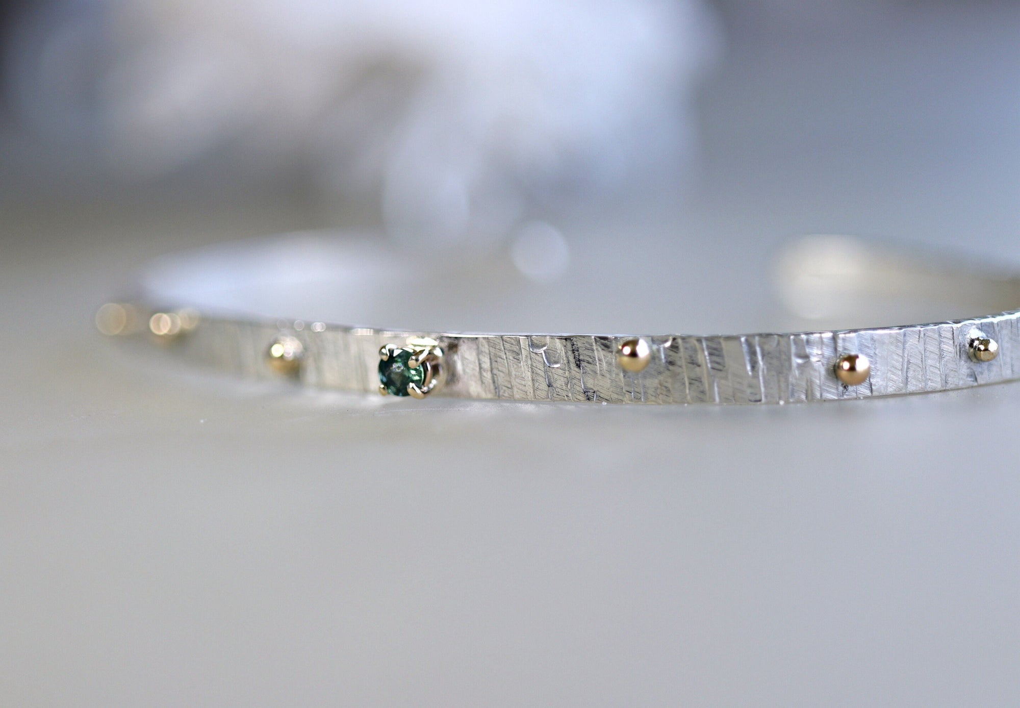 London Blue Topaz or Green Sapphire Hammered Silver Gold Dots Mixed Metal Cuff Bracelet