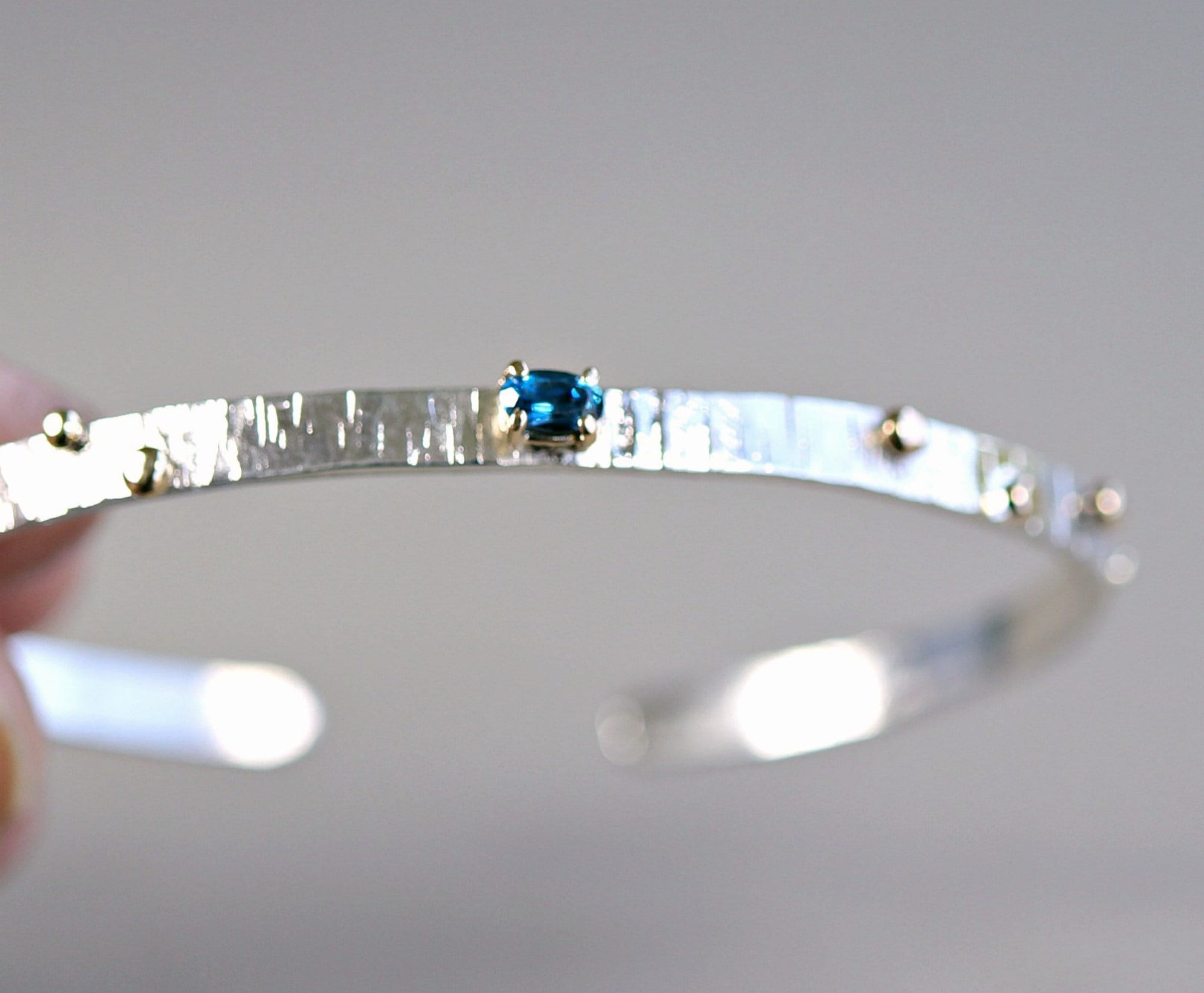 London Blue Topaz or Green Sapphire Hammered Silver Gold Dots Mixed Metal Cuff Bracelet