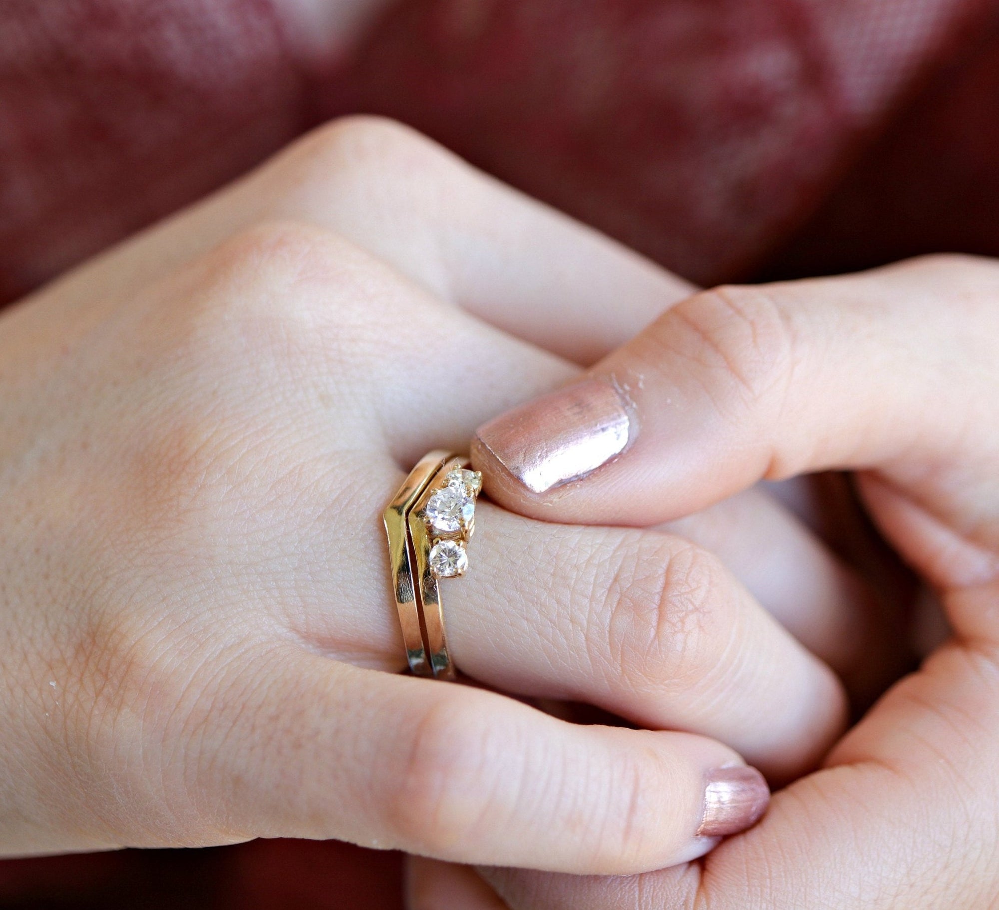 Three Stone Diamond Engagement Ring 14k Gold, Chevron Stacking Bridal Ring, Curved Dainty Wedding Band - Melt'm Jewelry