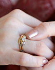 Three Stone Diamond Engagement Ring 14k Gold, Chevron Stacking Bridal Ring, Curved Dainty Wedding Band - Melt'm Jewelry