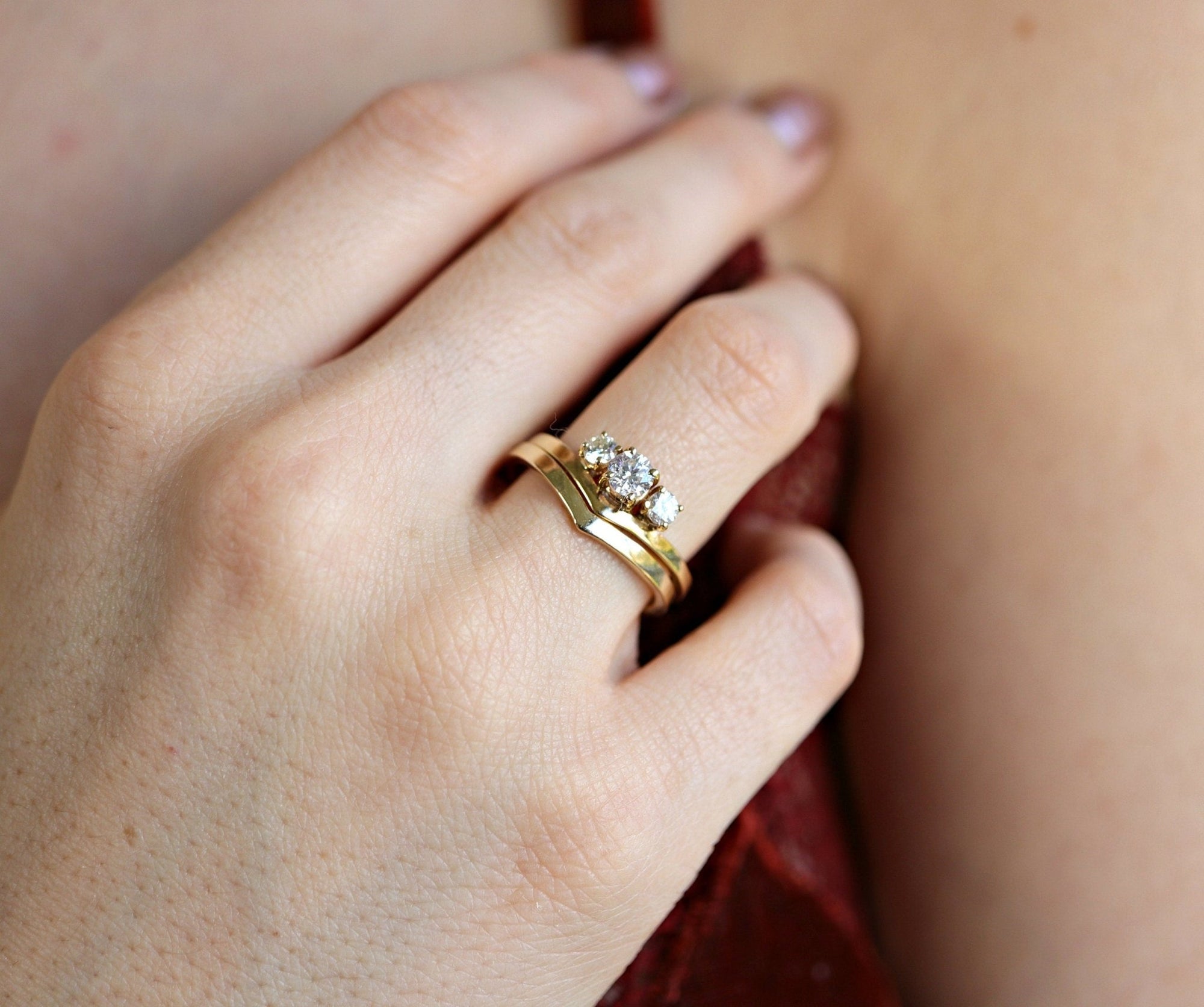 Three Stone Diamond Engagement Ring 14k Gold, Chevron Stacking Bridal Ring, Curved Dainty Wedding Band - Melt'm Jewelry