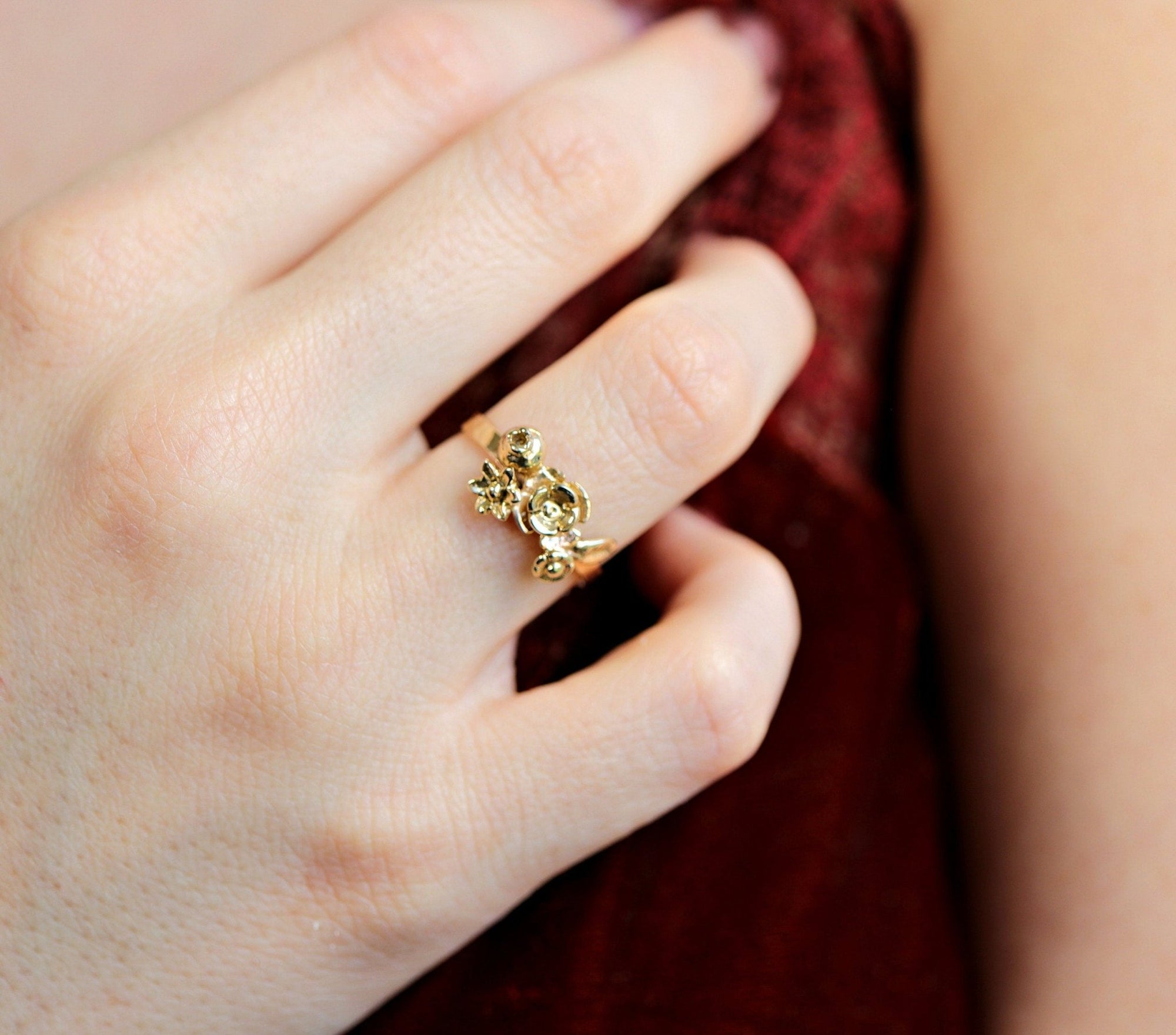 14k Gold Floral Leaf Ring – Nature Inspired Art Nouveau Bouquet Ring - Melt'm Jewelry