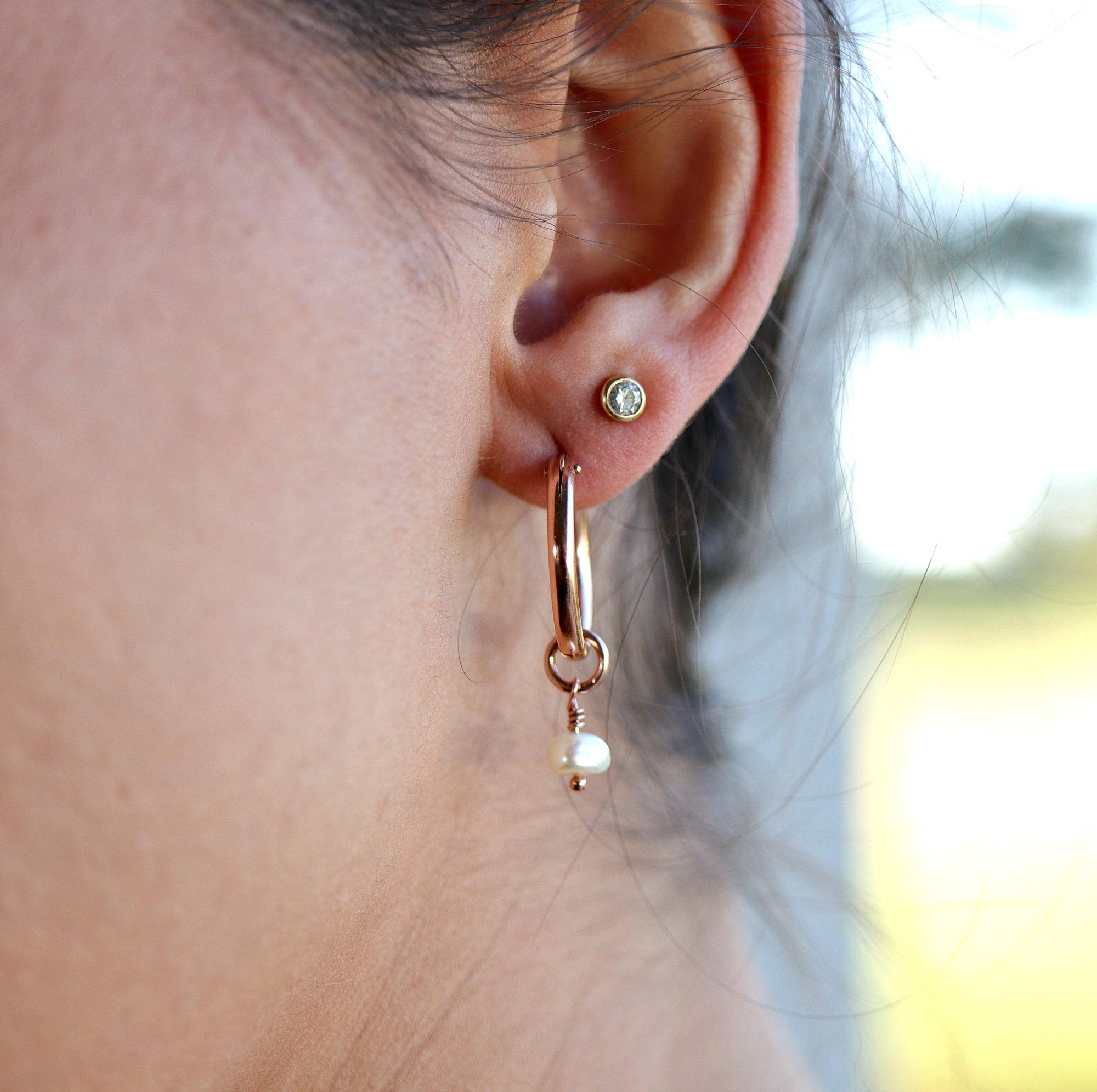 Rose Gold Dangle Hoops with Pearl, Pearl Hoop Earrings