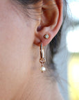 Rose Gold Dangle Hoops with Pearl, Pearl Hoop Earrings