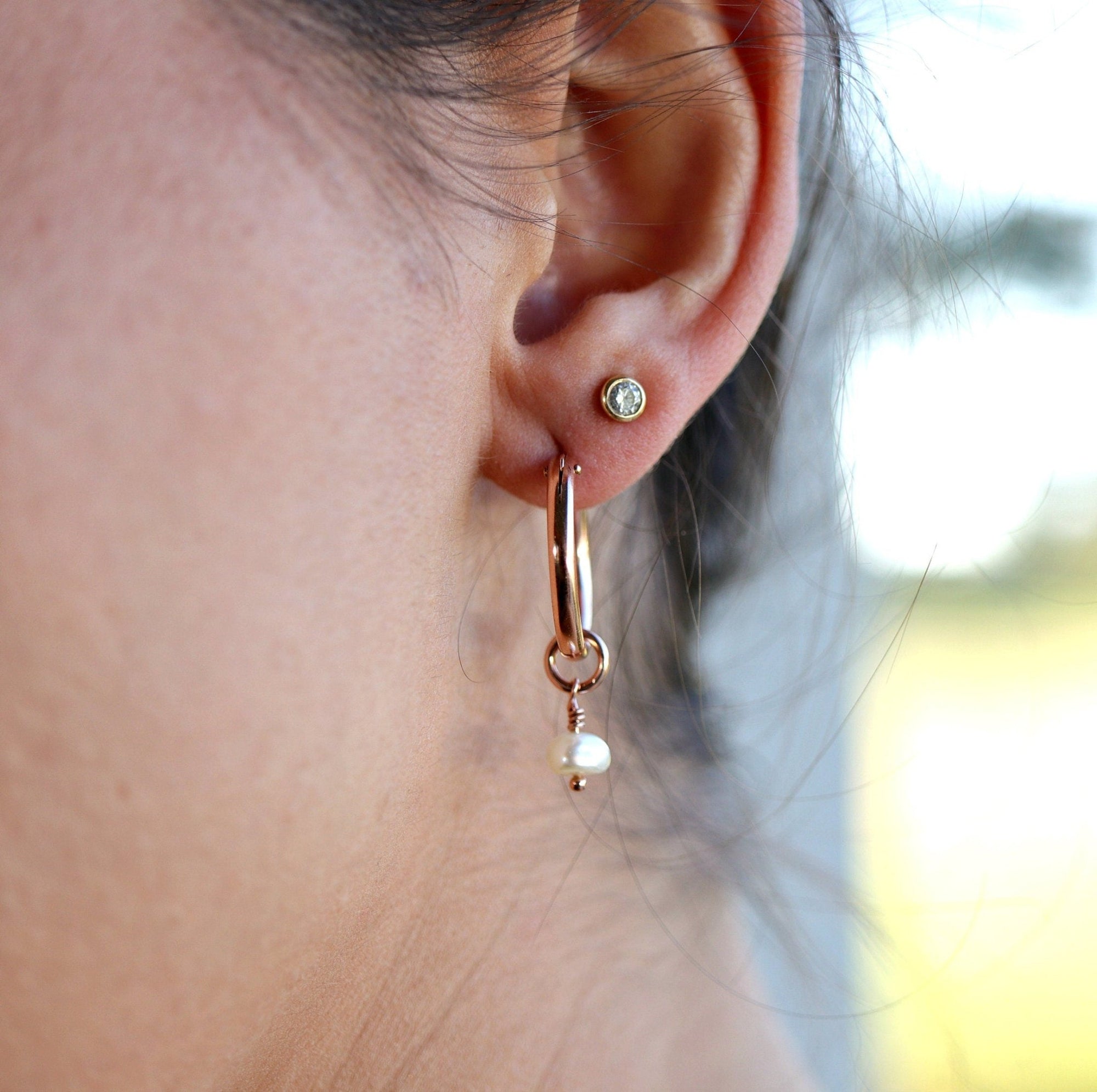 Rose Gold Dangle Hoops with Pearl, Pearl Hoop Earrings - Melt'm Jewelry
