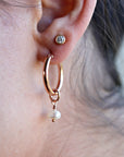 Rose Gold Dangle Hoops with Pearl, Pearl Hoop Earrings