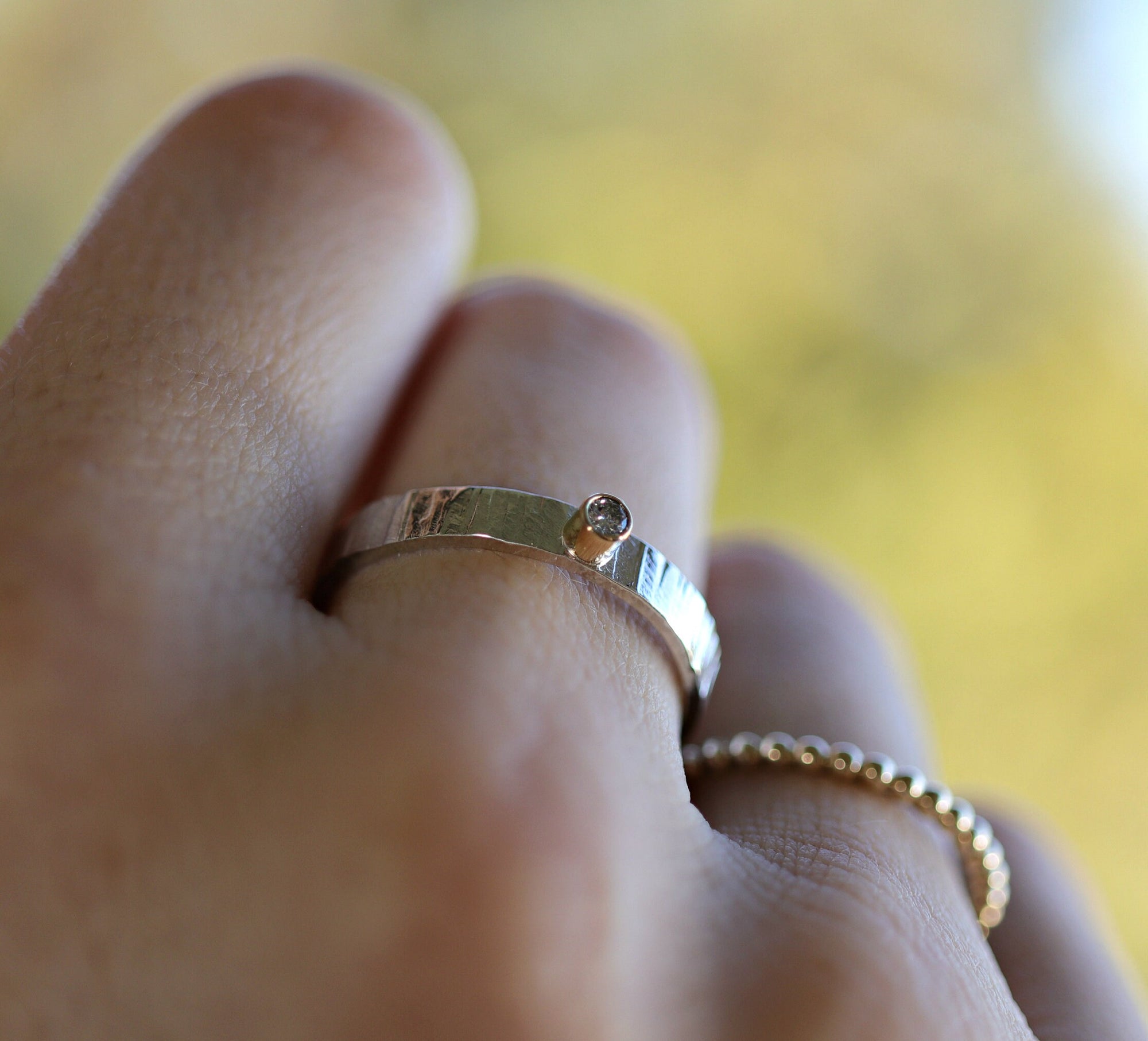 Hammered Silver Band Diamond Ring, Mixed Metal Ring