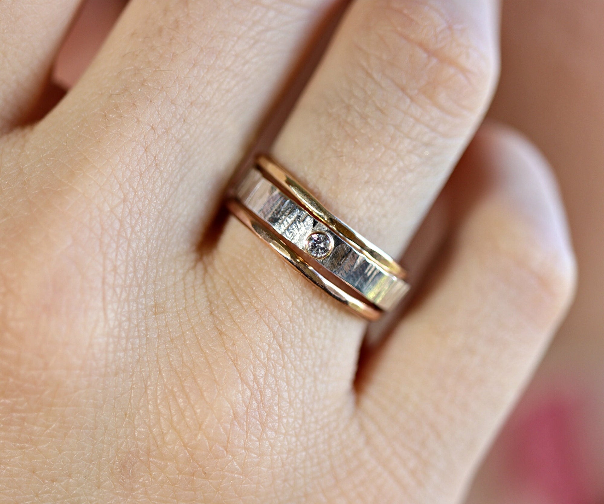 Hammered Silver Band Diamond Ring, Mixed Metal Ring