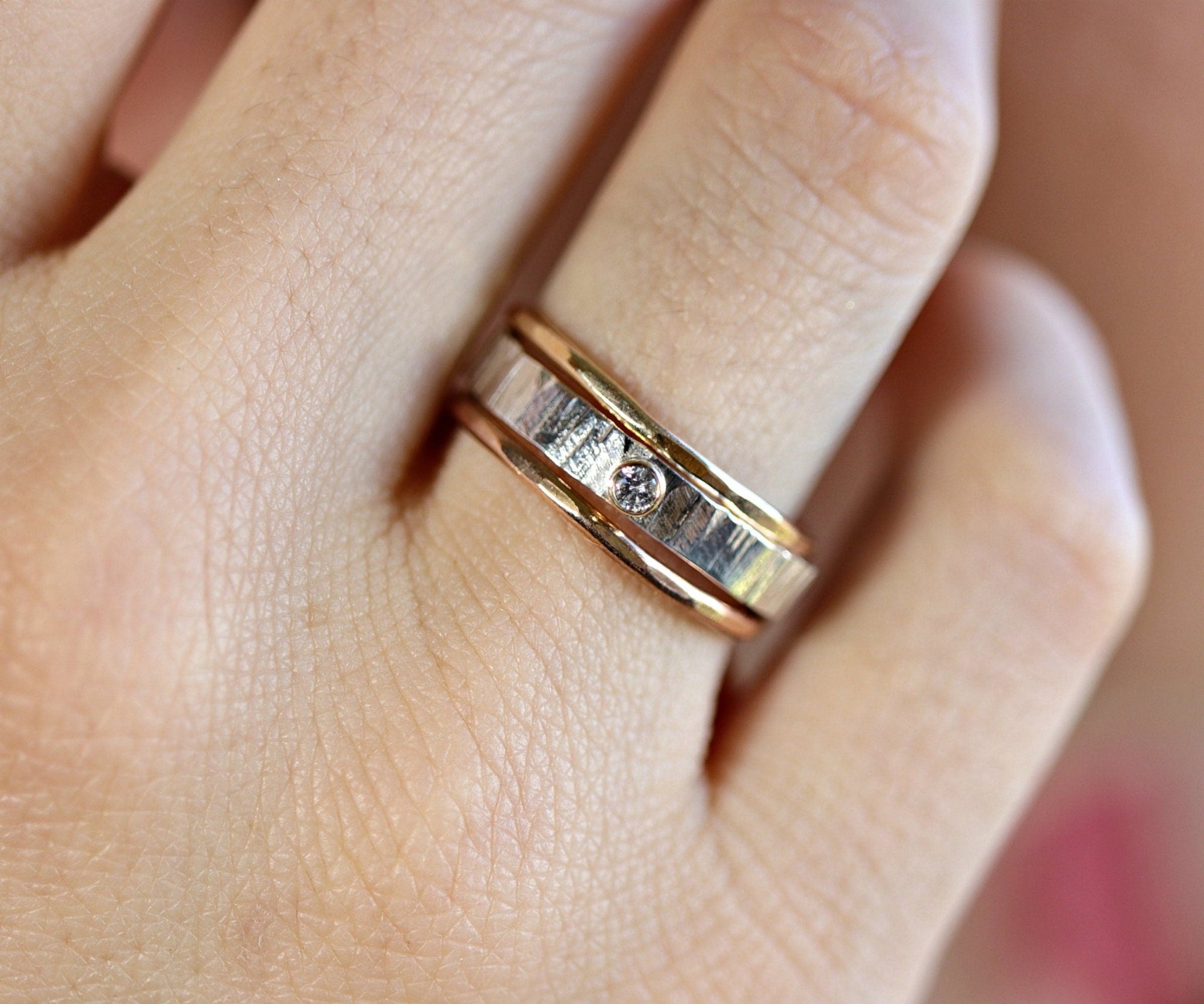 Hammered Silver Band Diamond Ring, Mixed Metal Ring - Melt'm Jewelry