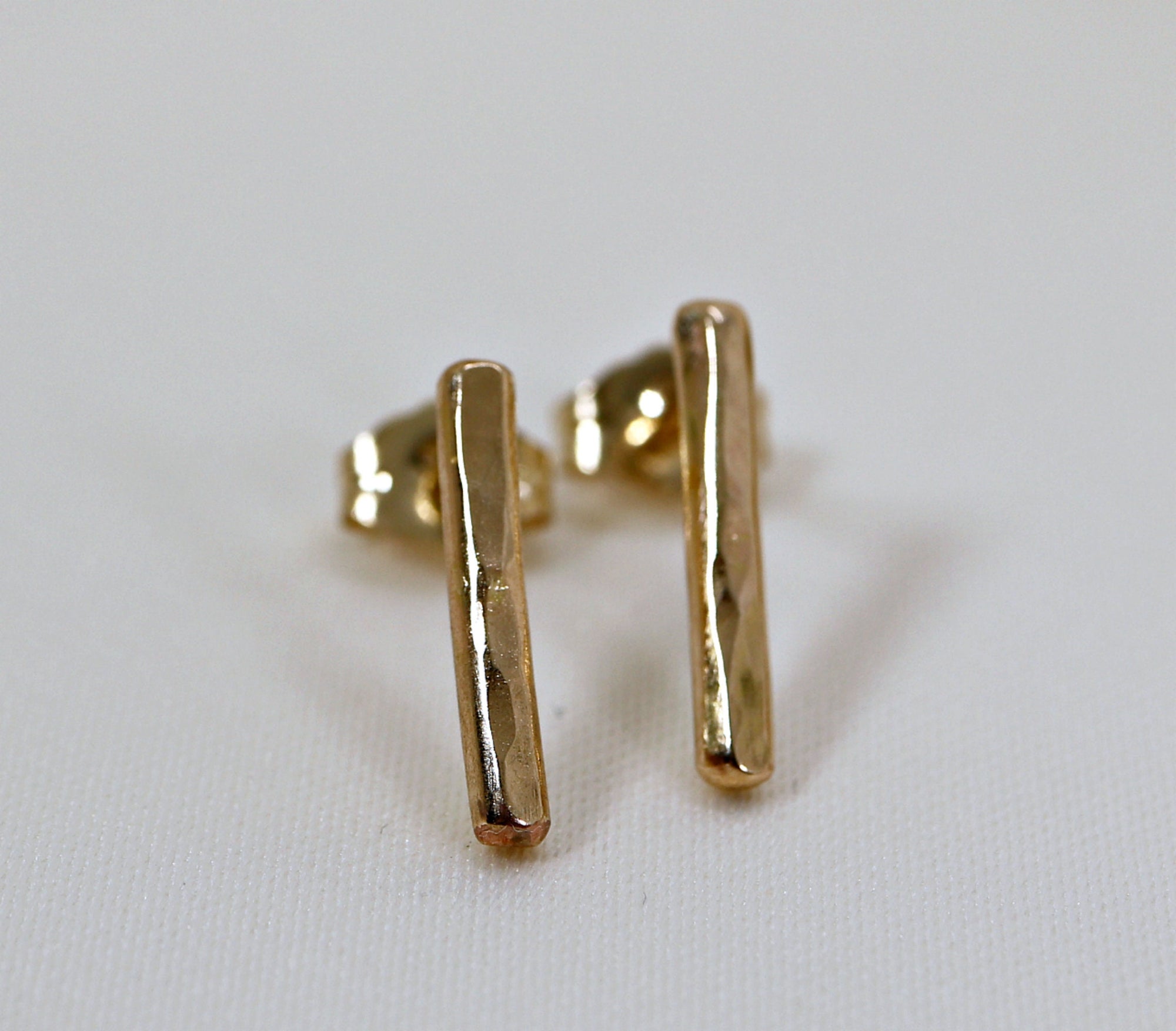 Minimal Simple Hammered Bar Stud Earrings Gold Filled