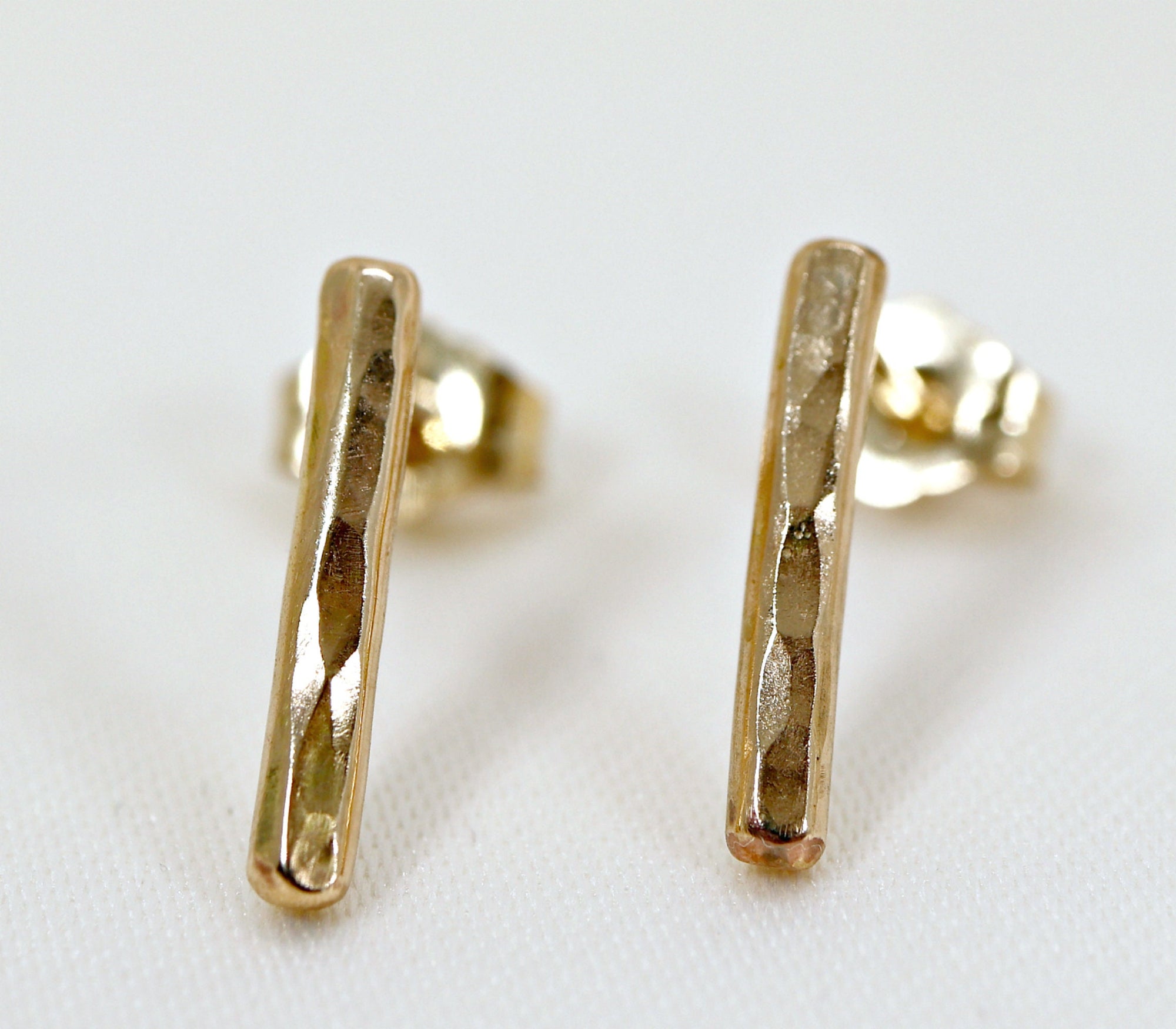 Minimal Simple Hammered Bar Stud Earrings Gold Filled