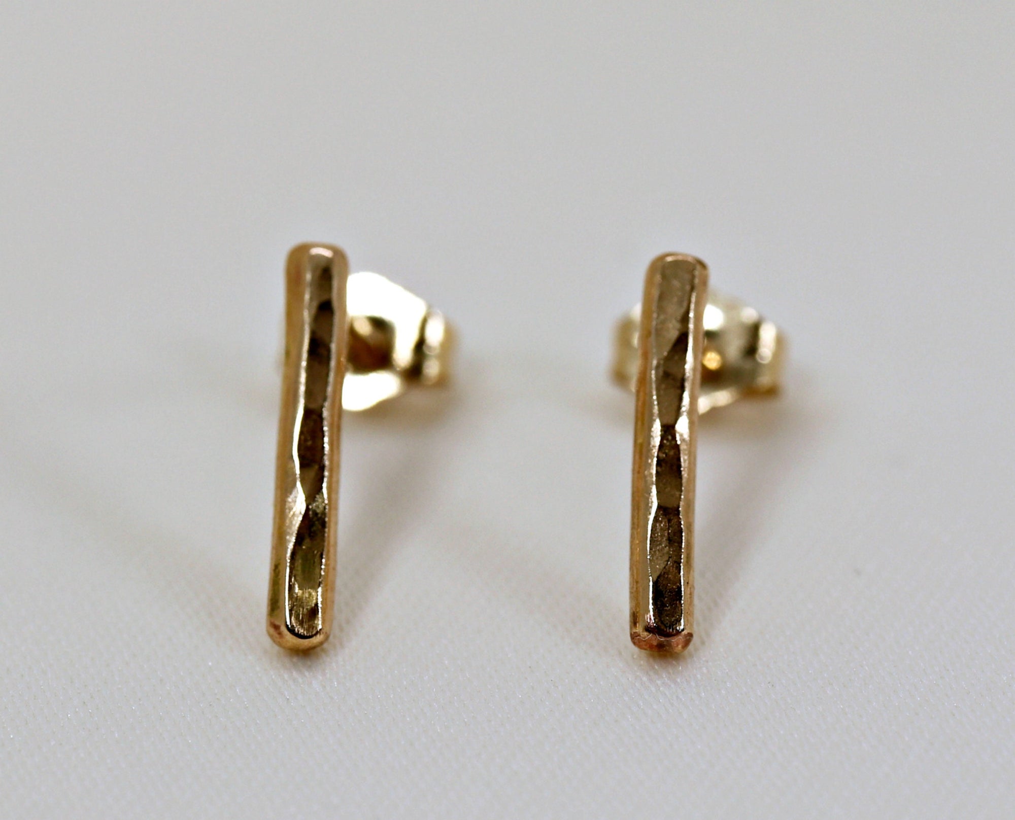 Minimal Simple Hammered Bar Stud Earrings Gold Filled