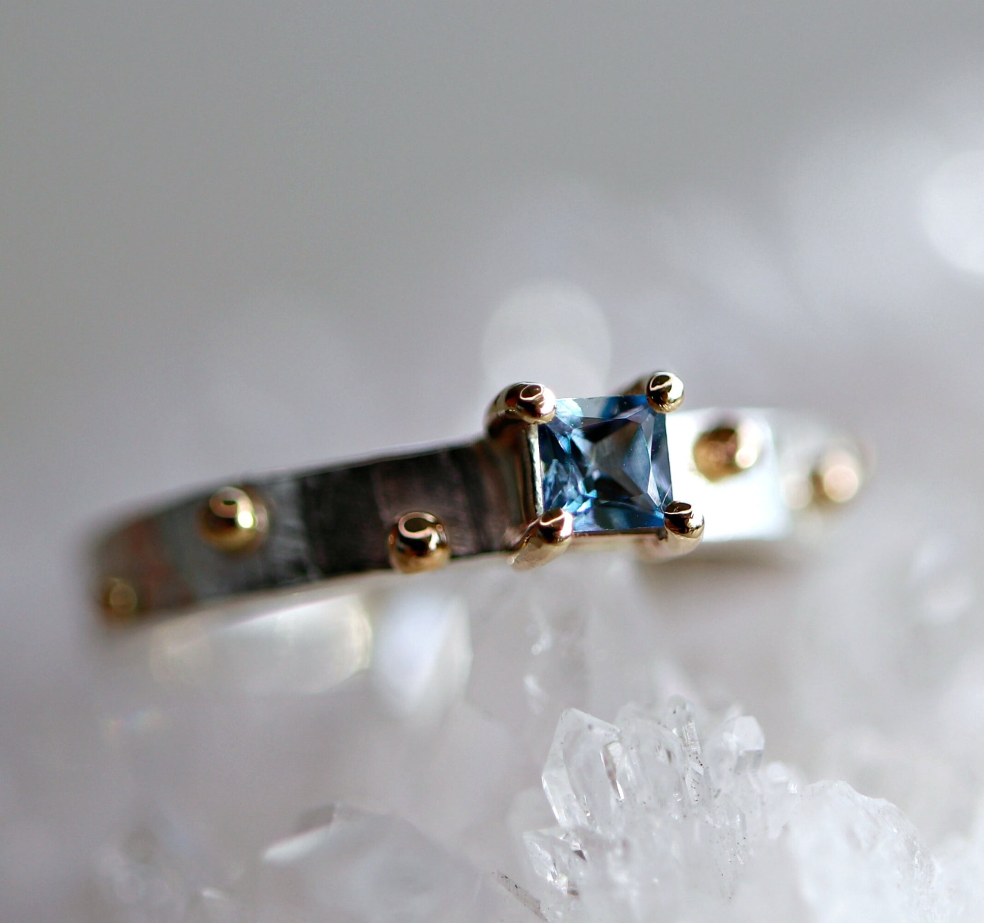 Princess Cut Aquamarine Ring Mixed Metal Gold and Silver