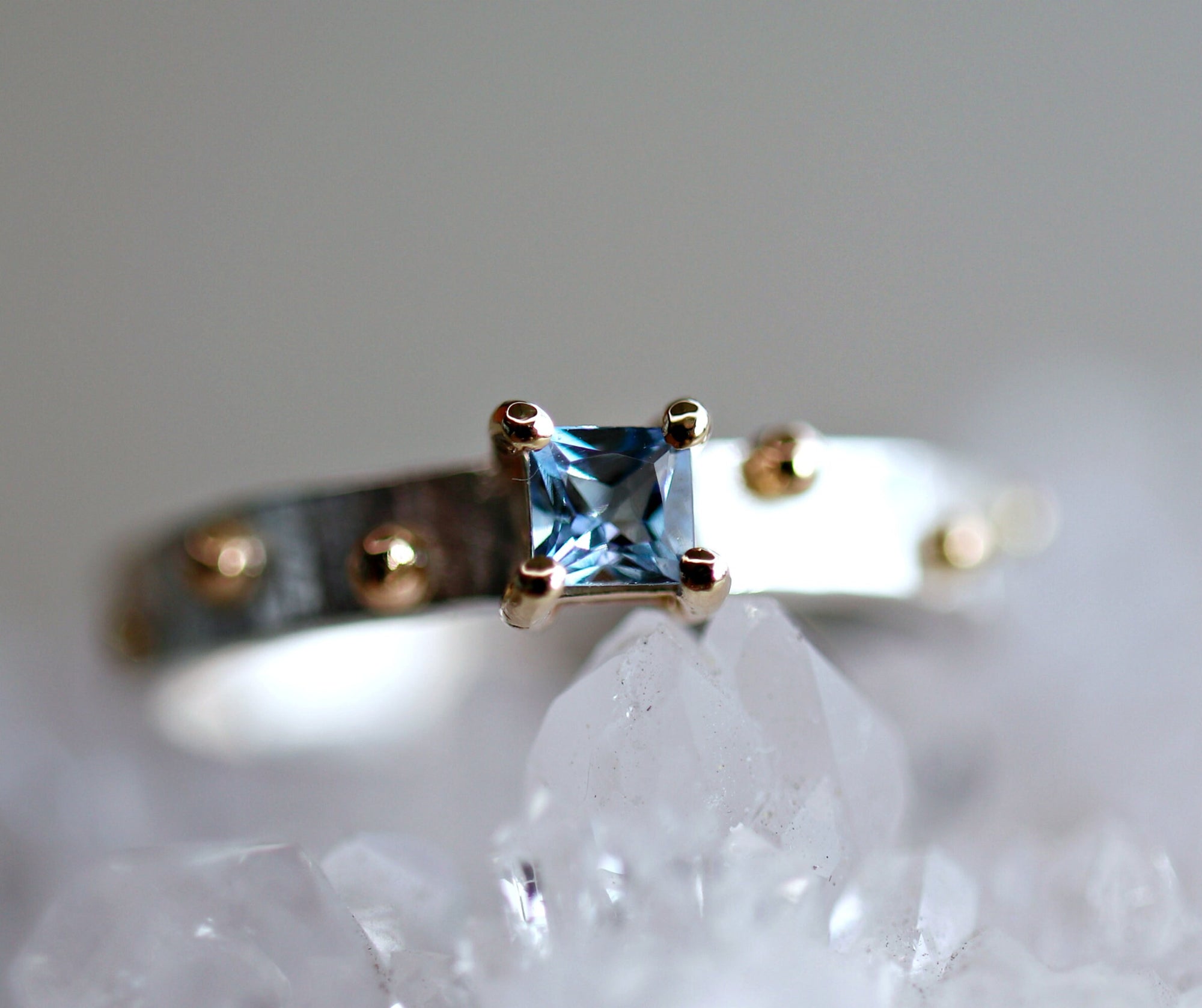 Princess Cut Aquamarine Ring Mixed Metal Gold and Silver