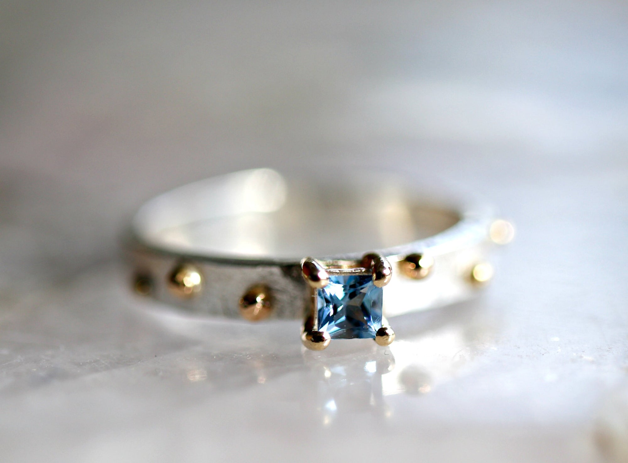 Princess Cut Aquamarine Ring Mixed Metal Gold and Silver