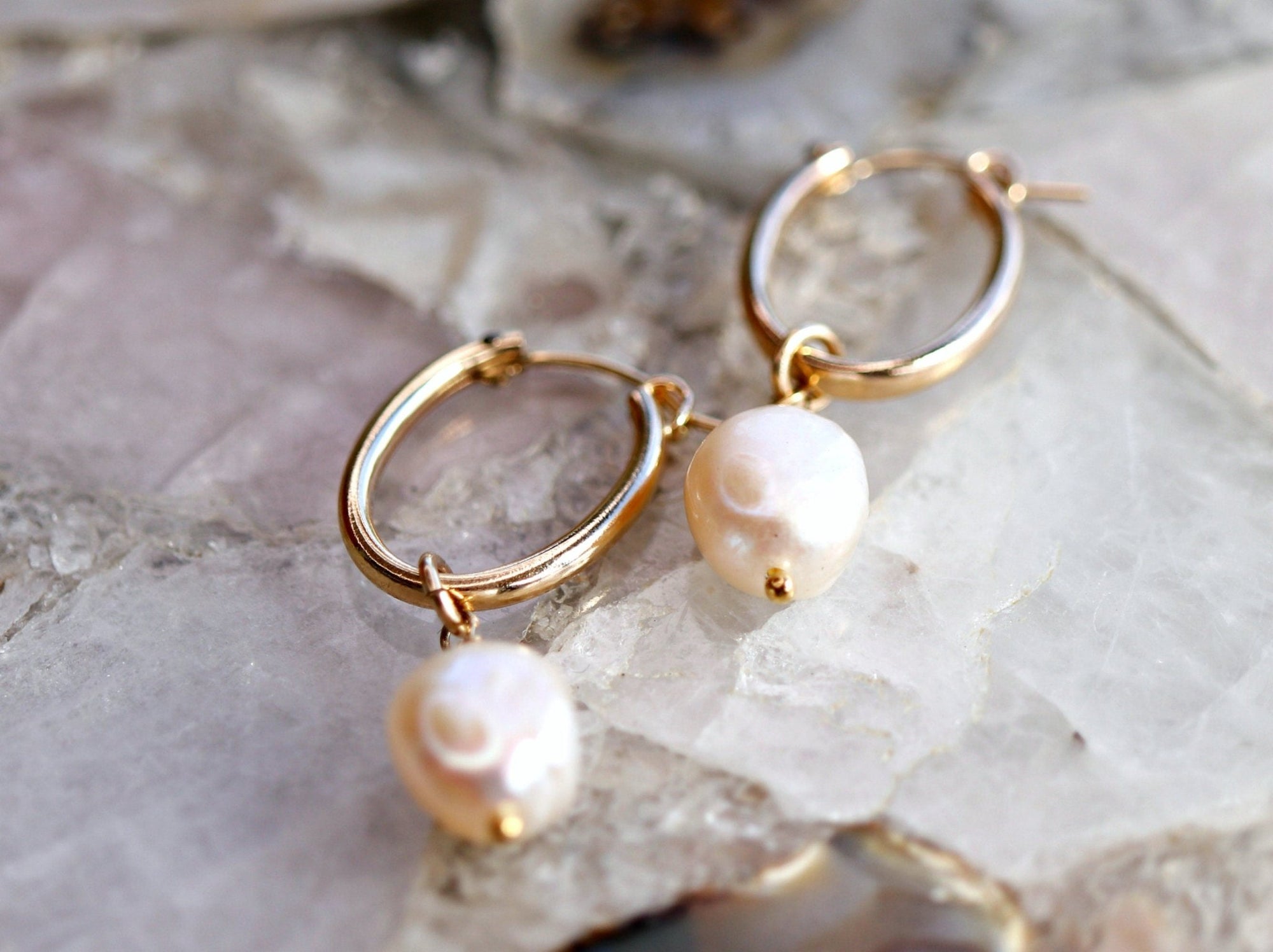 Pearl Hoop Earrings, Gold Filled Oval Hoop Earrings with Baroque Pearls - Melt'm Jewelry