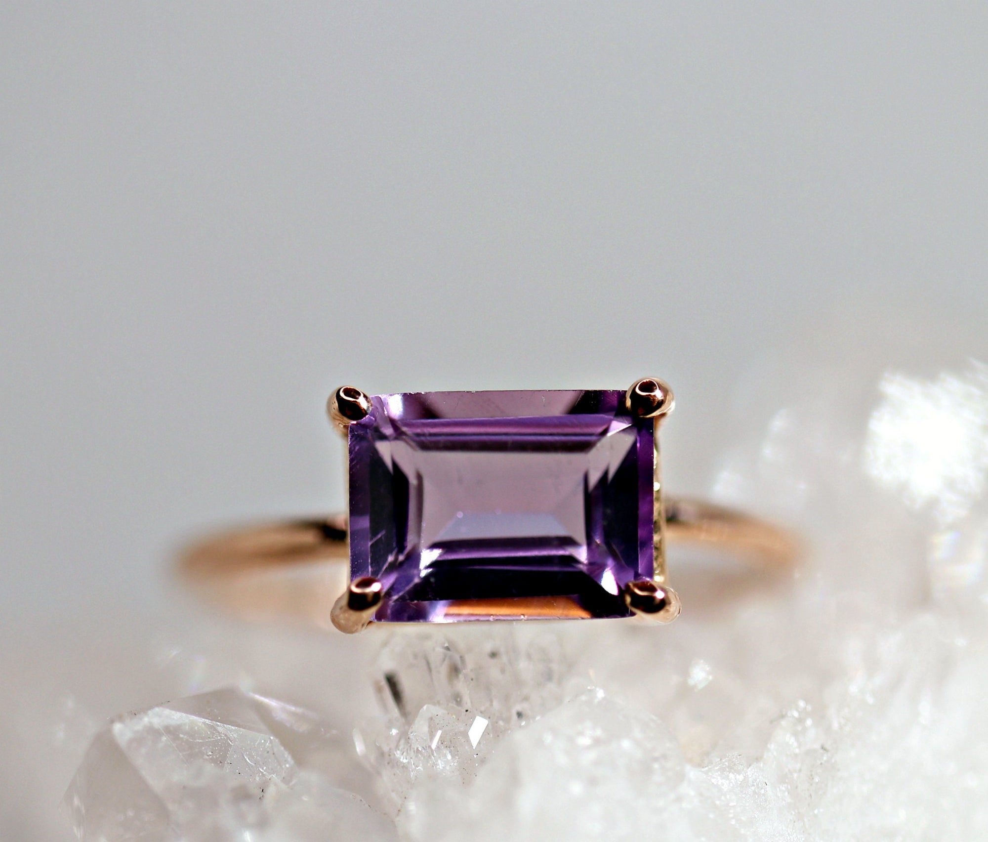 Emerald Cut Amethyst Ring in 14k Rose Gold or Yellow Gold