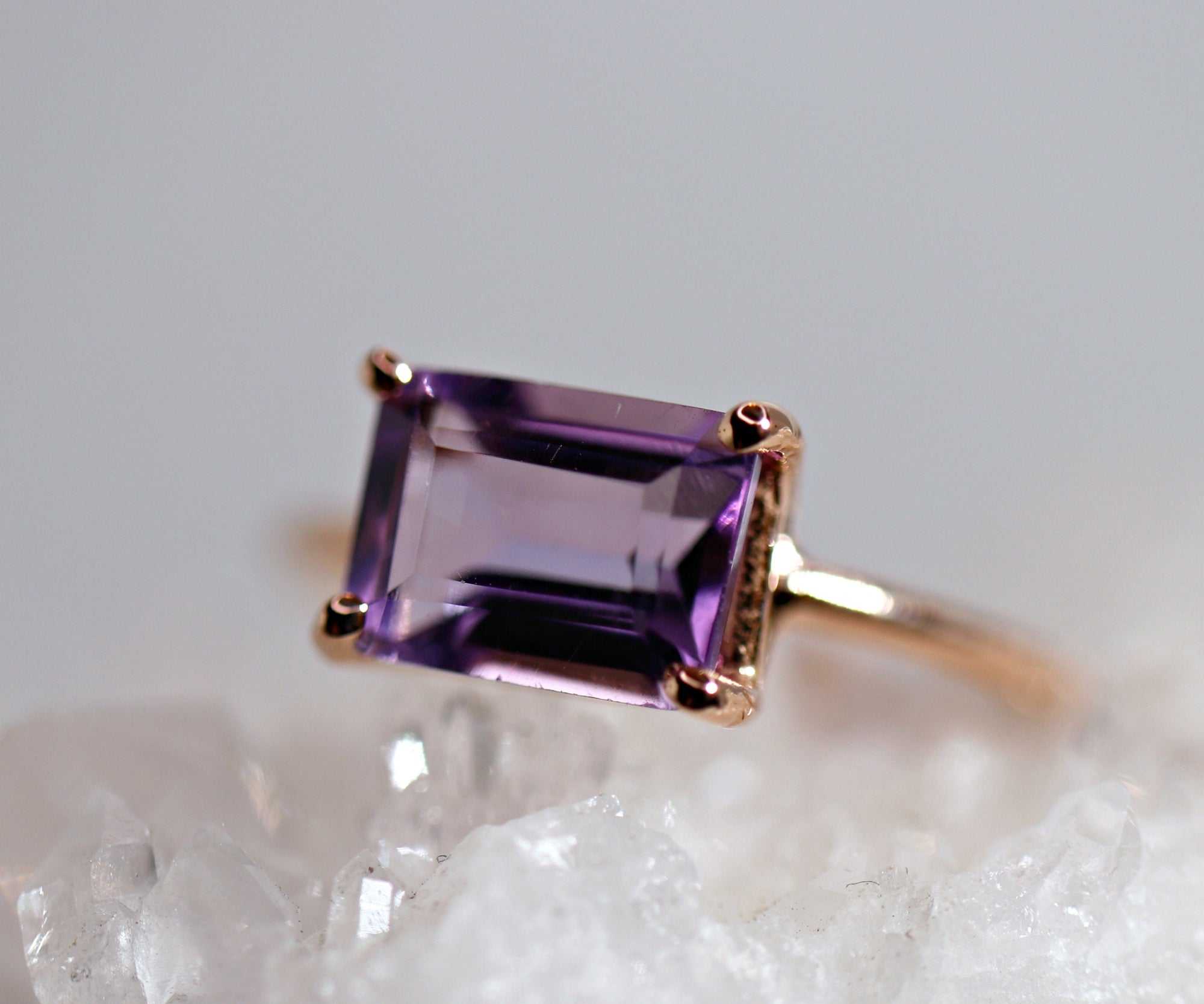 Emerald Cut Amethyst Ring in 14k Rose Gold or Yellow Gold