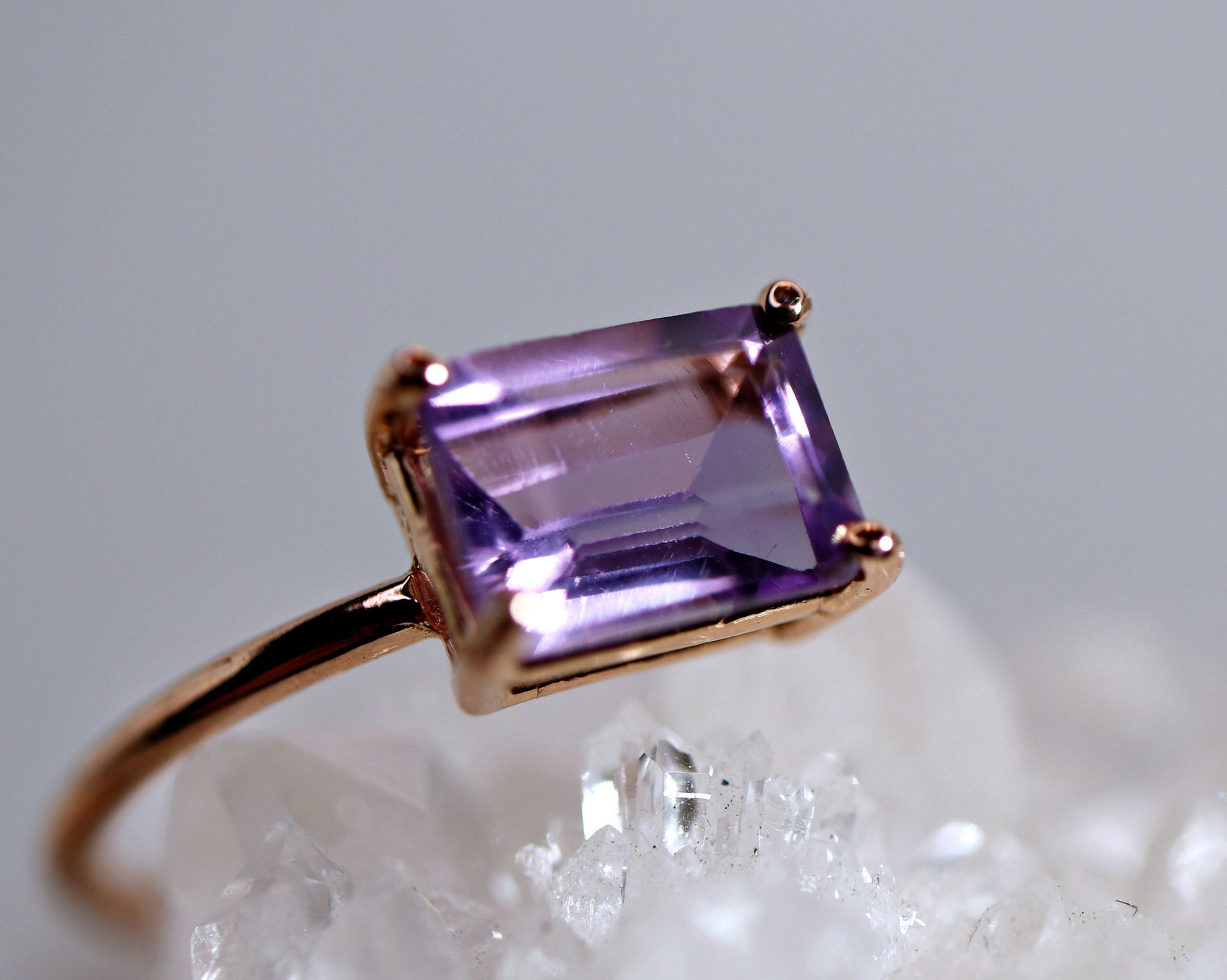 Emerald Cut Amethyst Ring in 14k Rose Gold or Yellow Gold