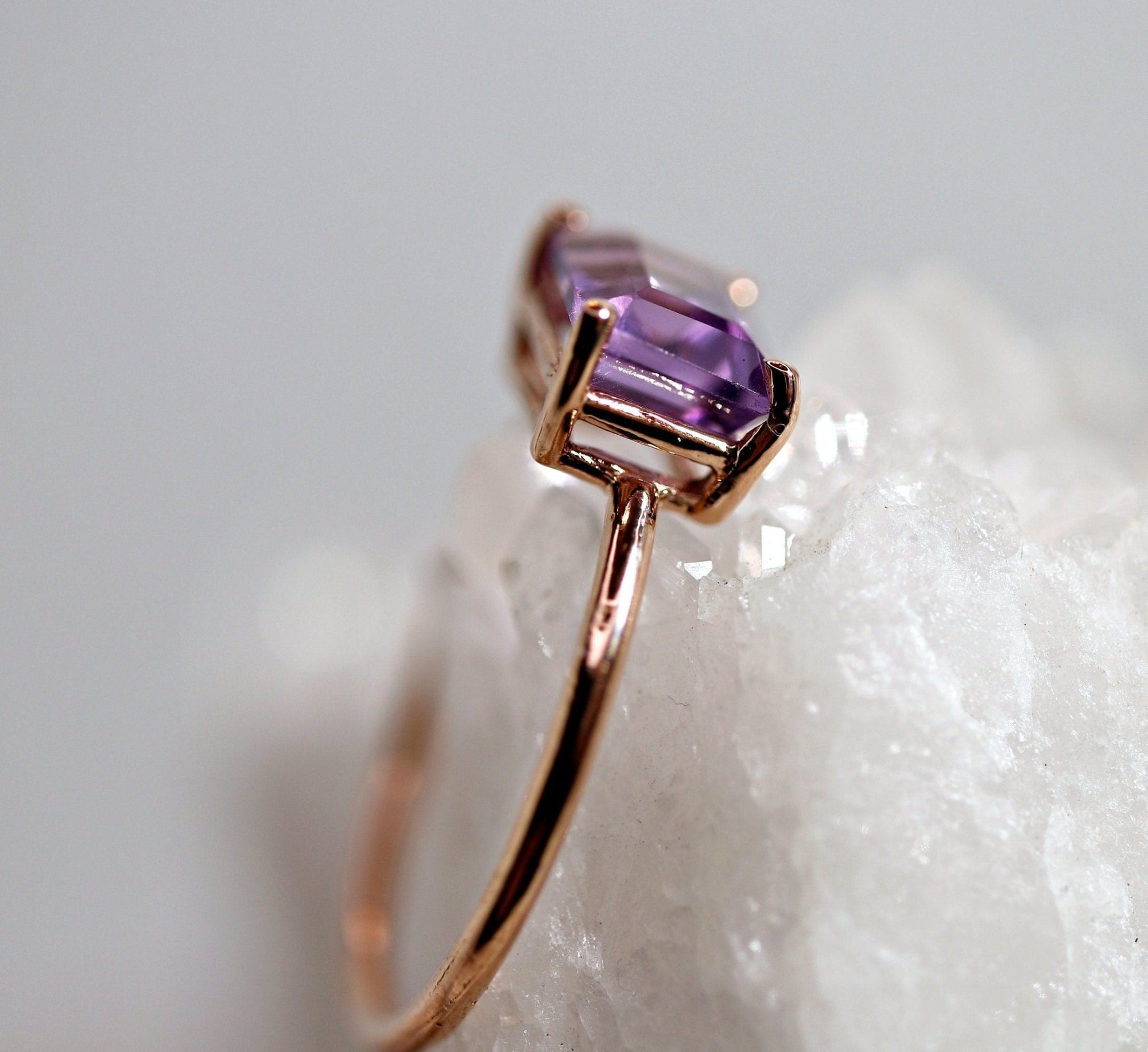 Emerald Cut Amethyst Ring in 14k Rose Gold or Yellow Gold - Melt'm Jewelry