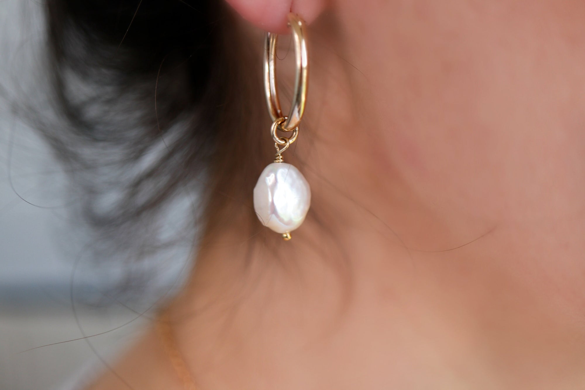 Pearl Hoop Earrings, Gold Filled Oval Hoop Earrings with Baroque Pearls