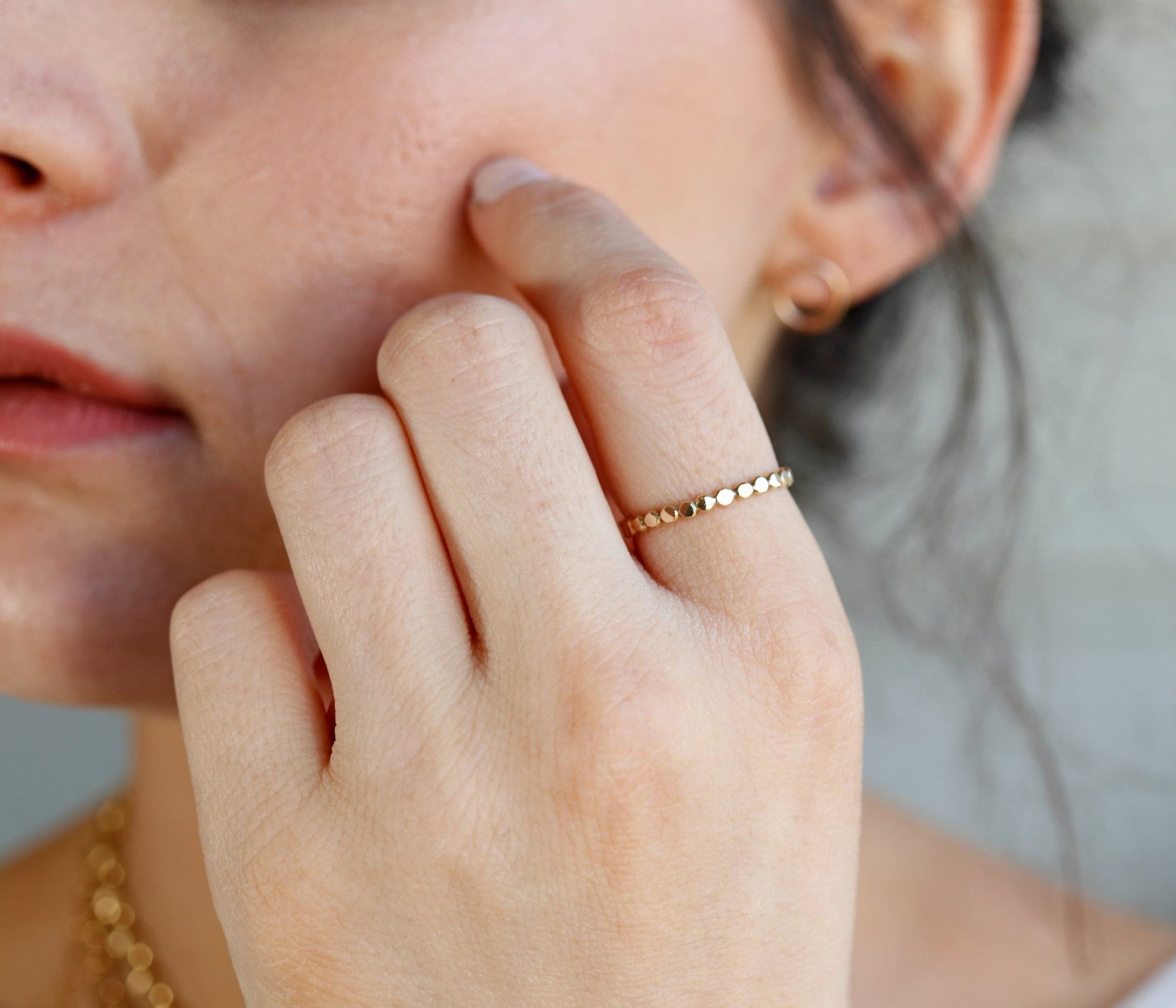 Gold Filled Stacking Ring – Dainty Hammered Bead Ring, Minimalist Gold Dot Ring, Thin Midi Ring - Melt'm Jewelry