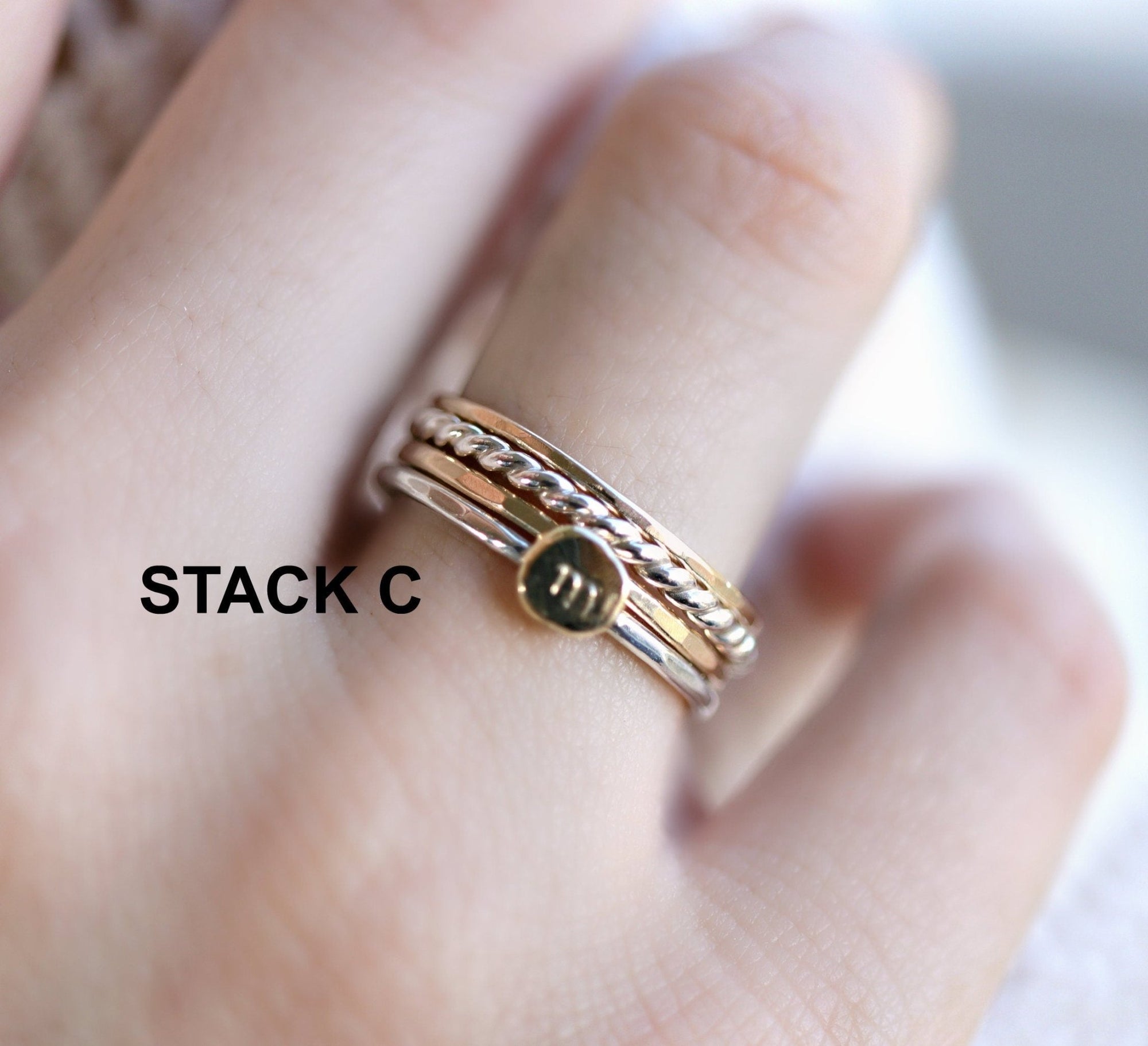 Solid 14k Gold Rustic Pebble Ring, Silver Band Gold Initial Ring - Melt'm Jewelry