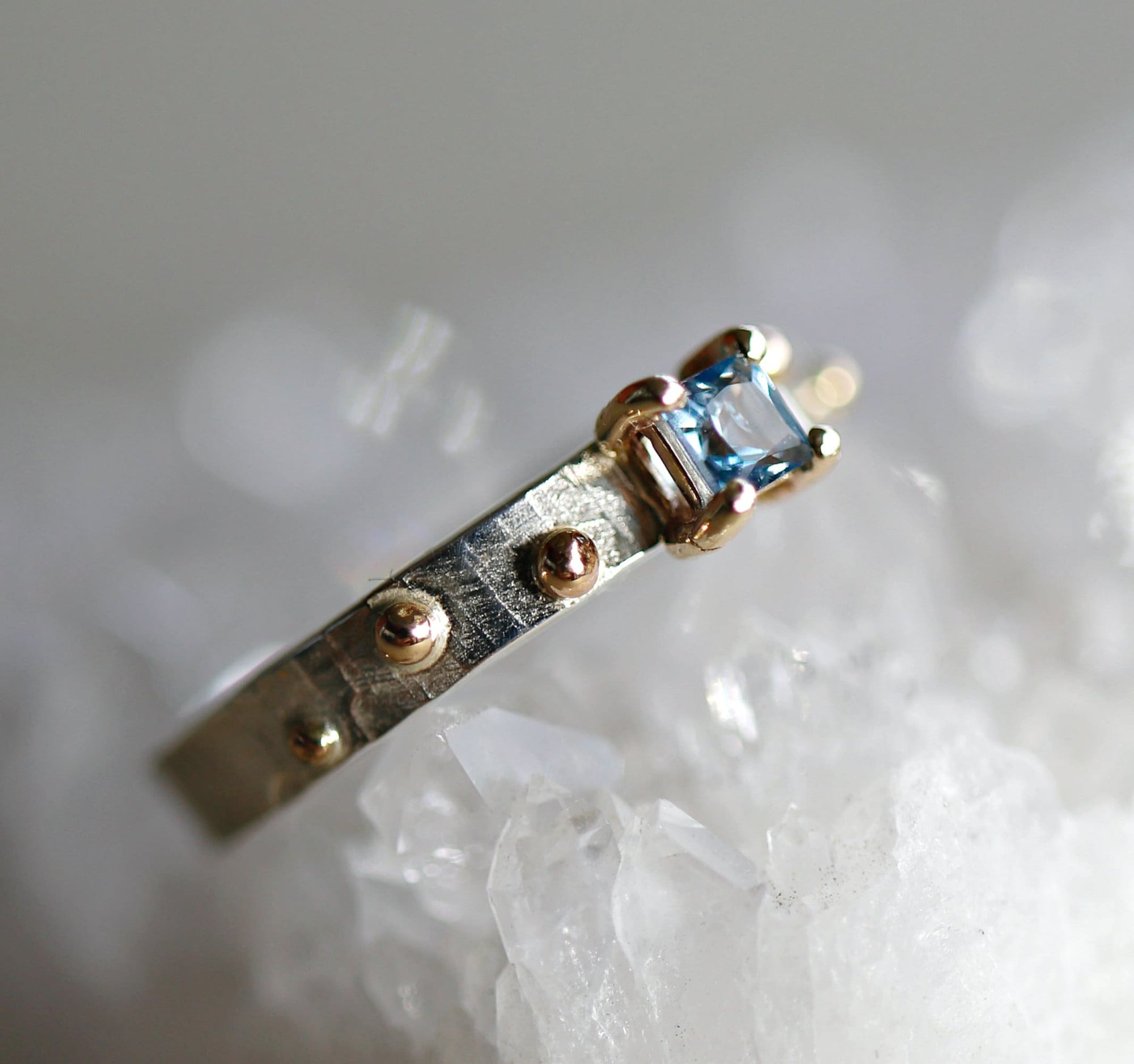 Princess Cut Aquamarine Ring Mixed Metal Gold and Silver