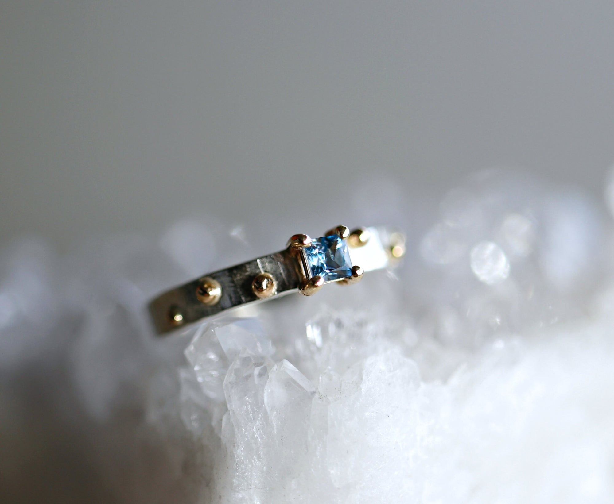 Princess Cut Aquamarine Ring Mixed Metal Gold and Silver