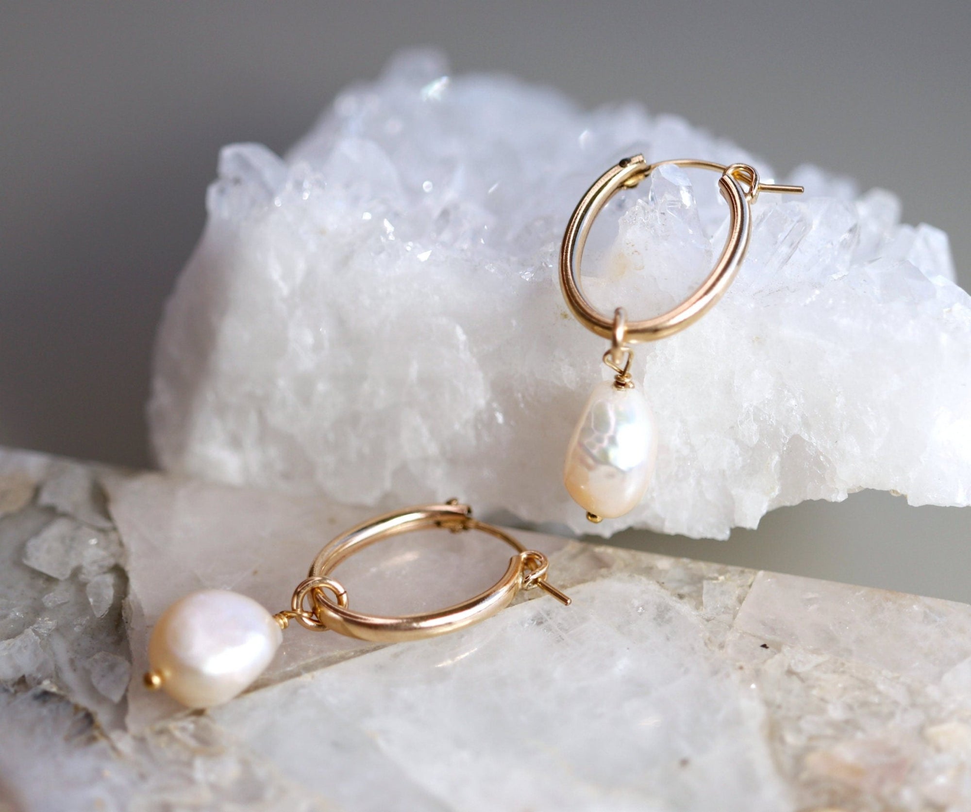 Pearl Hoop Earrings, Gold Filled Oval Hoop Earrings with Baroque Pearls - Melt'm Jewelry