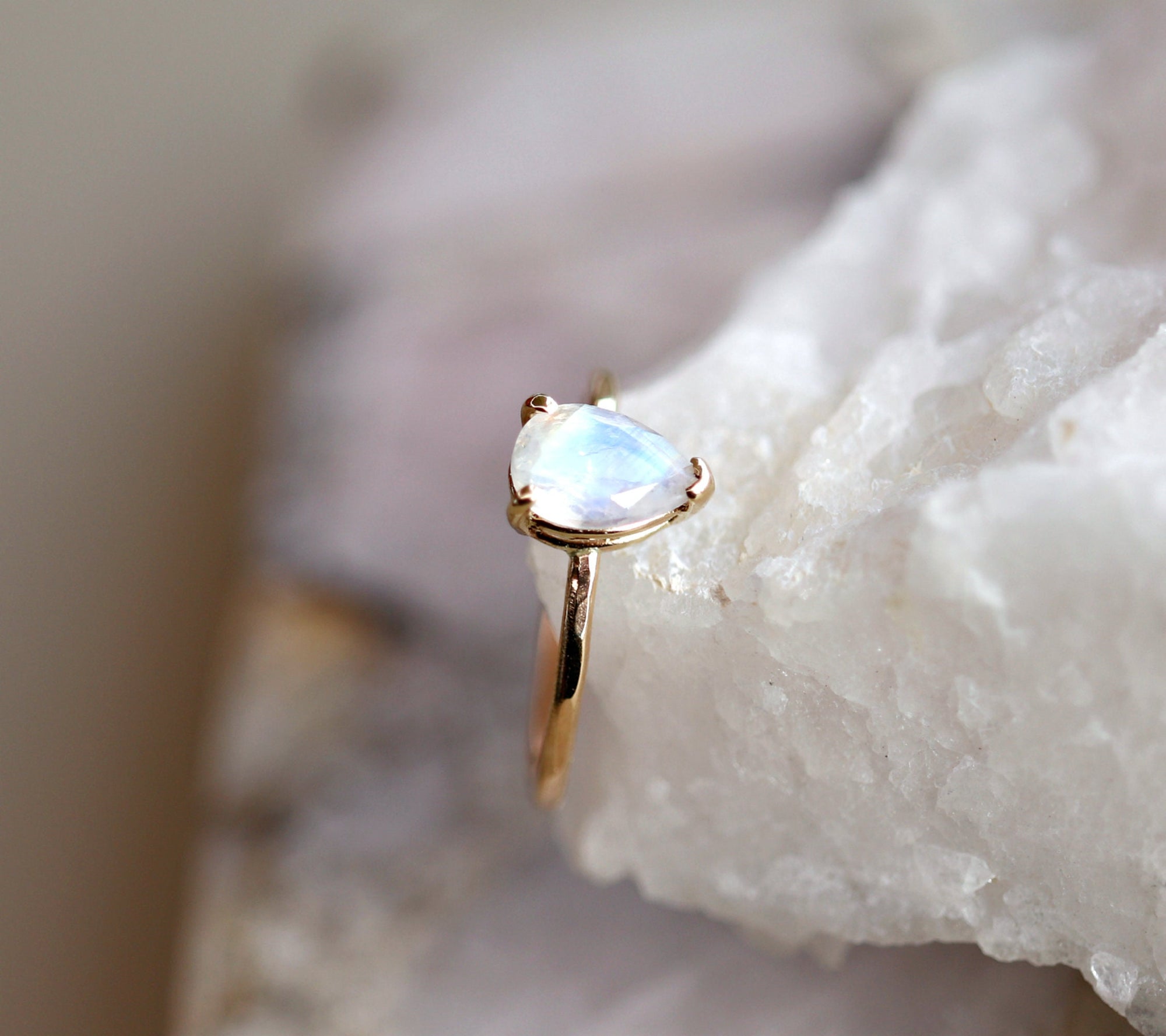 14k Gold Pear Cut Rainbow Moonstone Ring