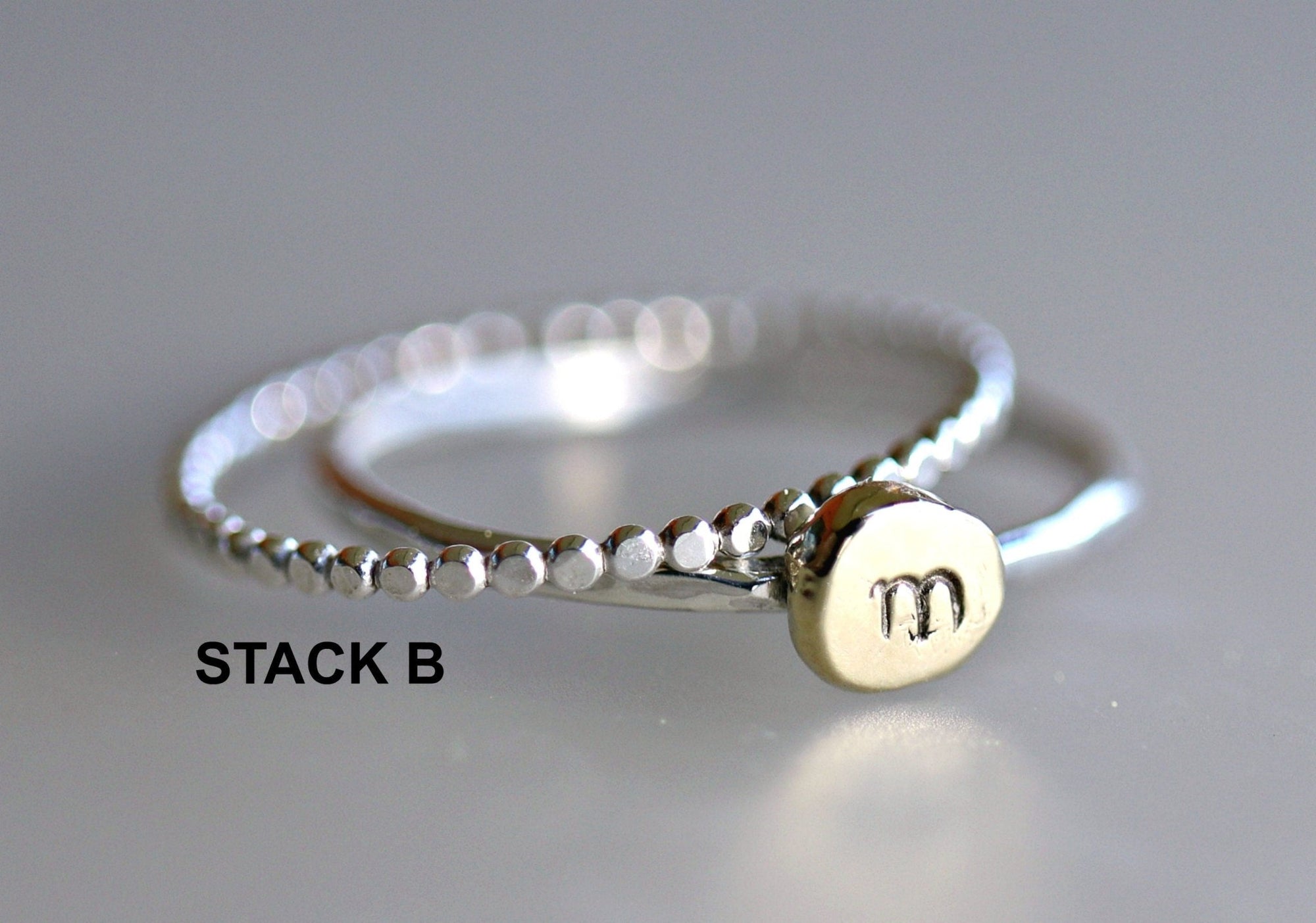 Solid 14k Gold Rustic Pebble Ring, Silver Band Gold Initial Ring - Melt'm Jewelry