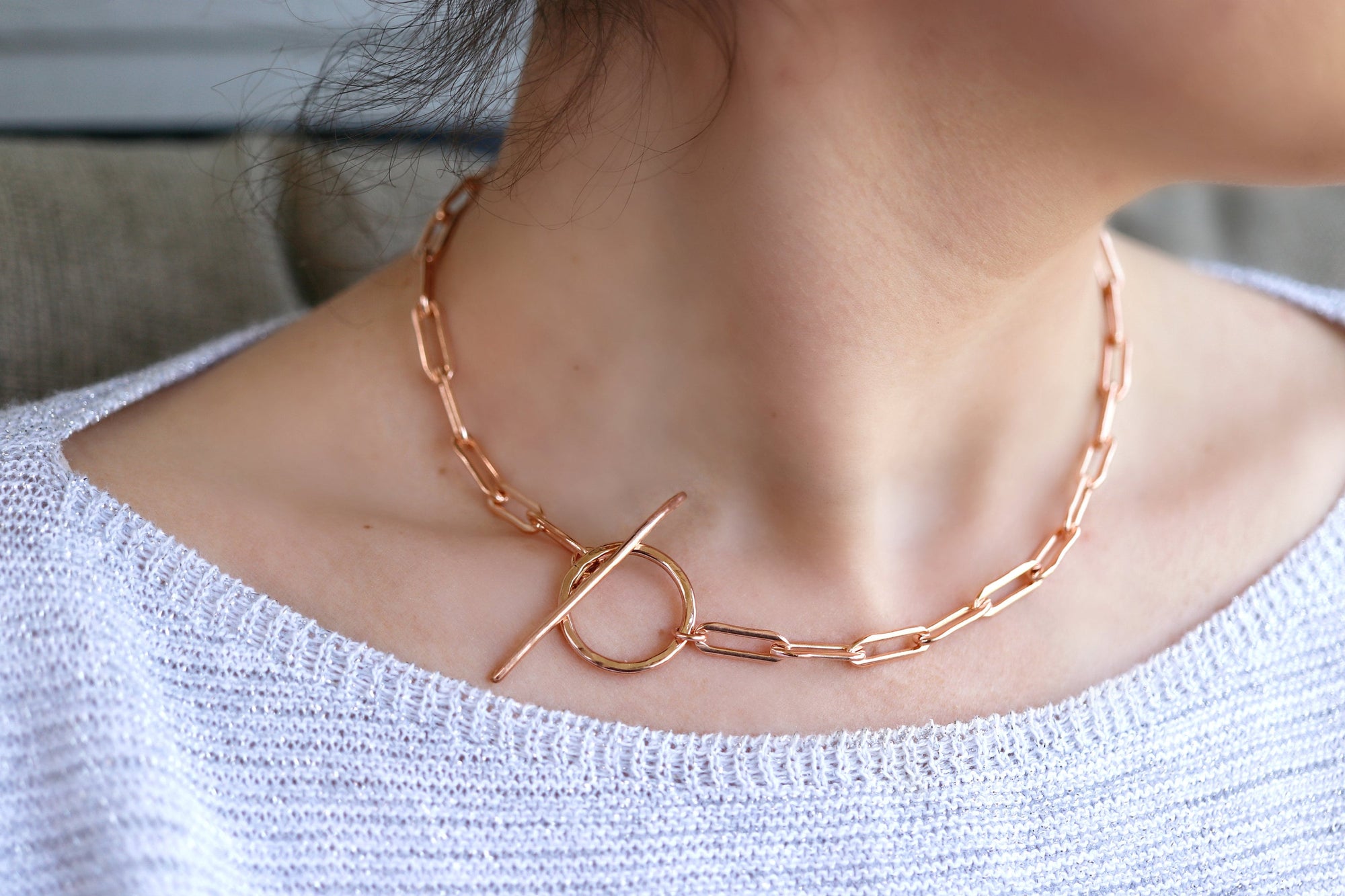 Rose Gold Toggle Necklace with Thick Elongated Rectangle Rose Gold Filled Chain