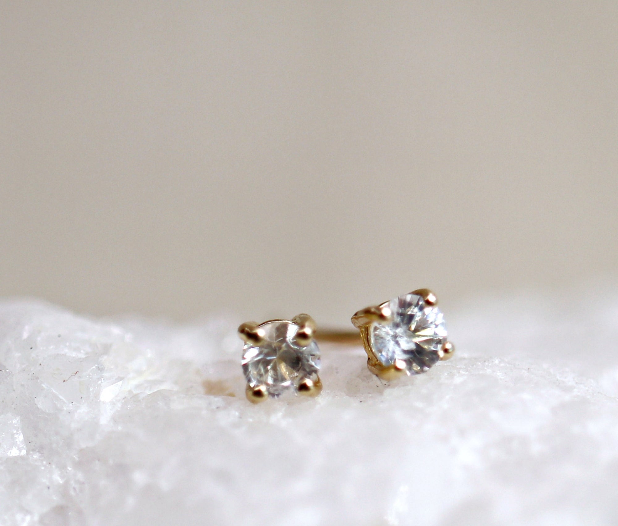 14k Gold White Sapphire Earrings, Minimalist Earrings, White Sapphire Bridal Earrings