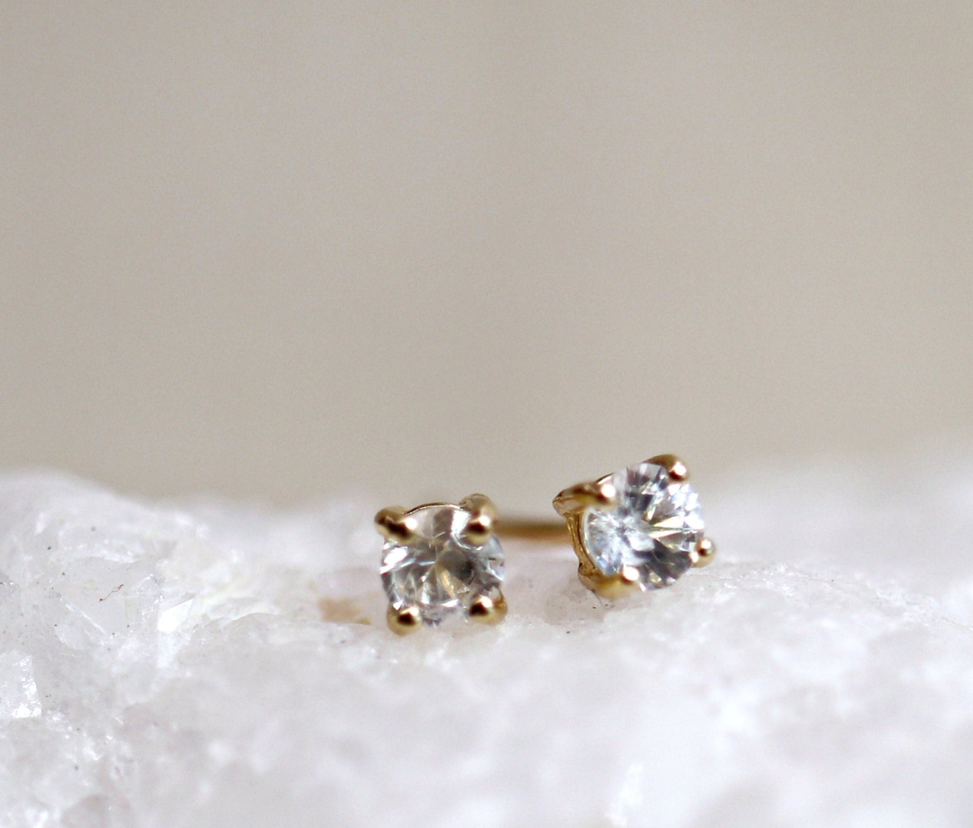14k Gold White Sapphire Earrings, Minimalist Earrings, White Sapphire Bridal Earrings - Melt'm Jewelry