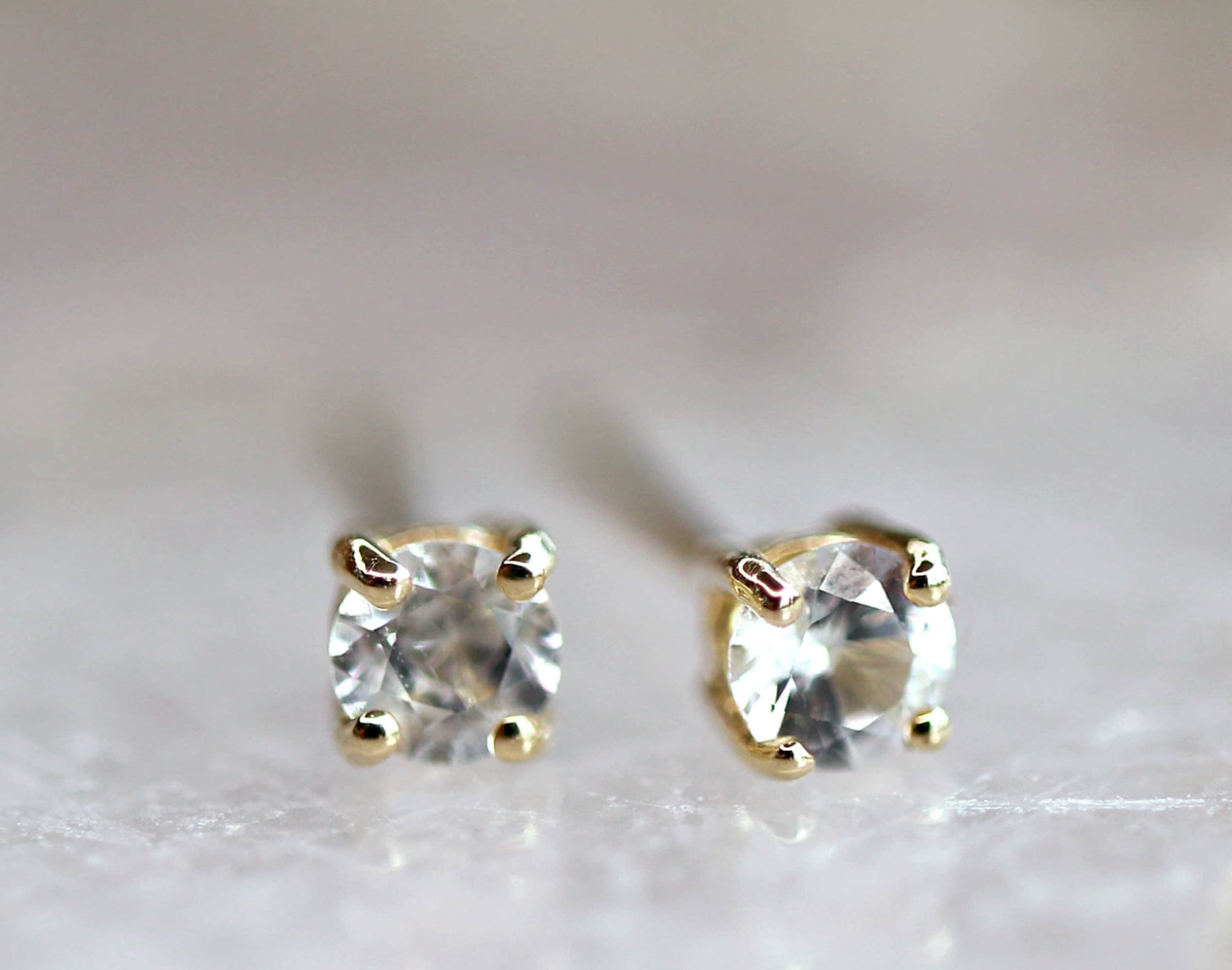14k Gold White Sapphire Earrings, Minimalist Earrings, White Sapphire Bridal Earrings - Melt'm Jewelry