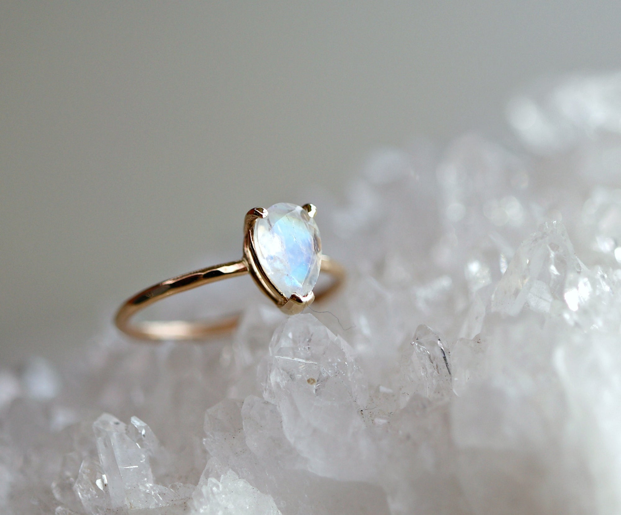 14k Gold Pear Cut Rainbow Moonstone Ring