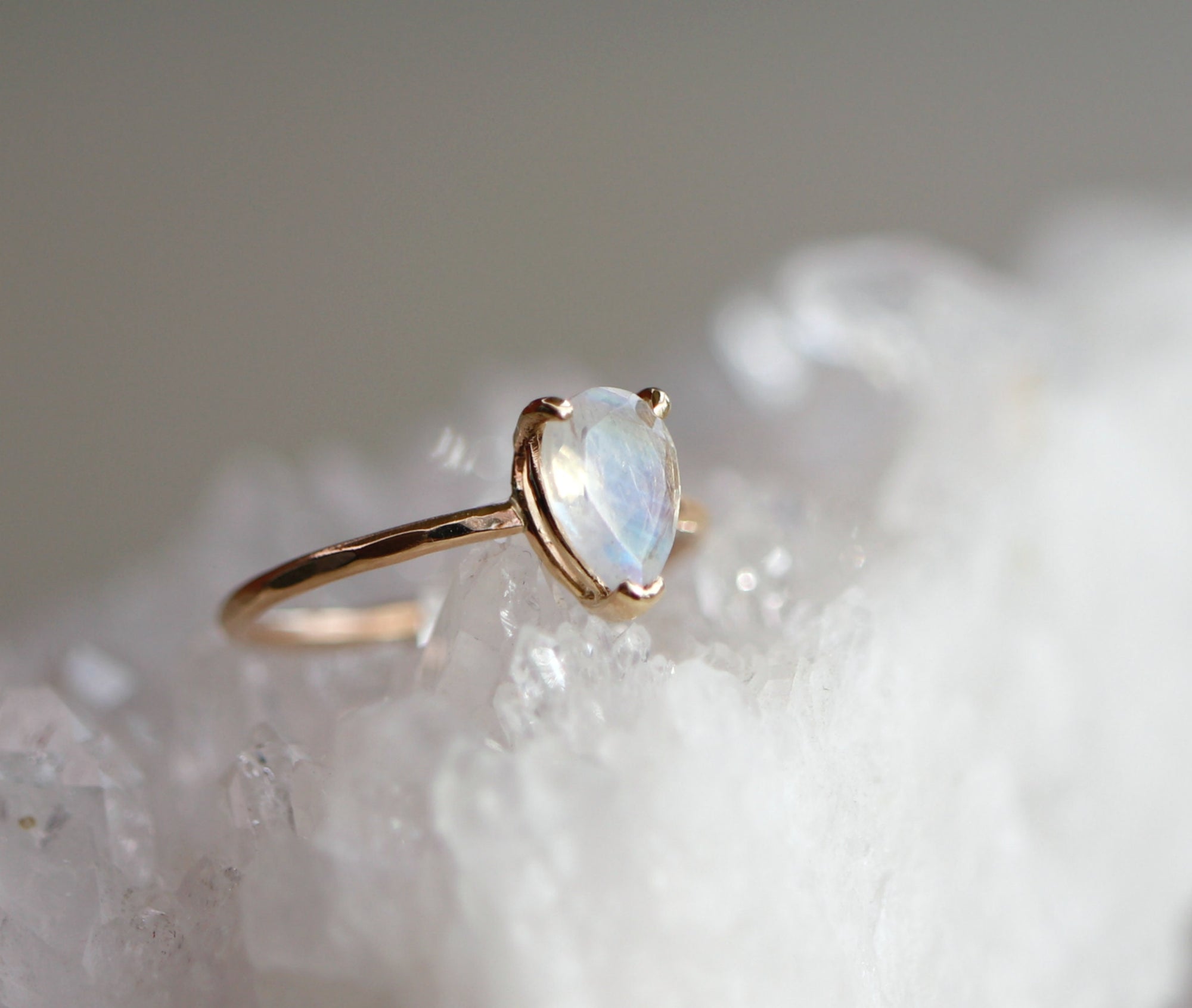 14k Gold Pear Cut Rainbow Moonstone Ring