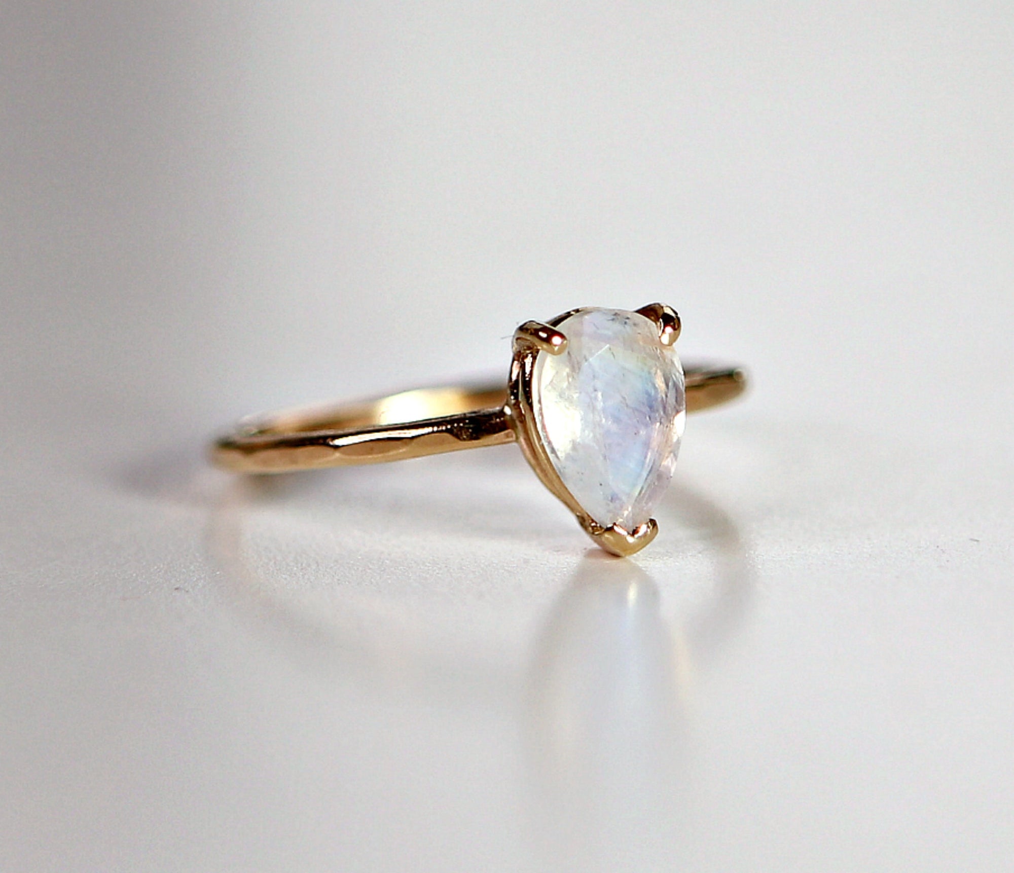 14k Gold Pear Cut Rainbow Moonstone Ring