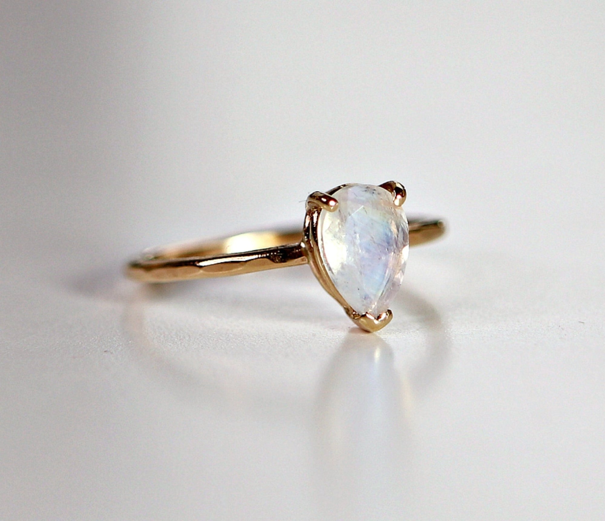14k Gold Pear Cut Rainbow Moonstone Ring - Melt'm Jewelry