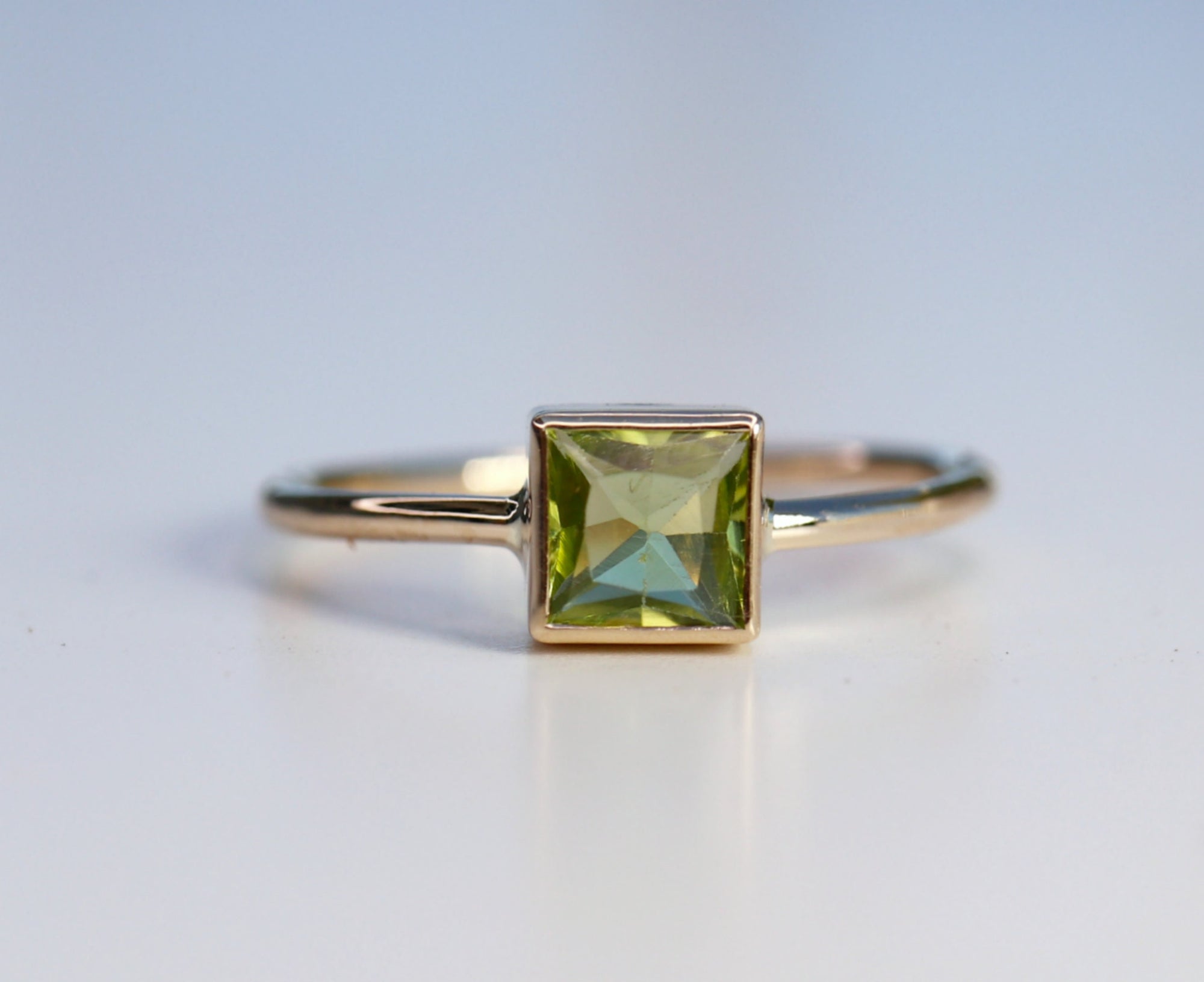 Princess Cut (Square) Peridot Ring, Sterling Silver, 14k White Gold Bezel Setting