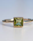 Princess Cut (Square) Peridot Ring, Sterling Silver, 14k White Gold Bezel Setting