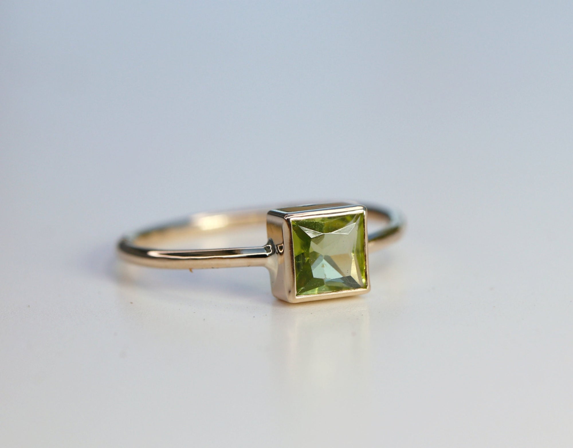 Princess Cut (Square) Peridot Ring, Sterling Silver, 14k White Gold Bezel Setting