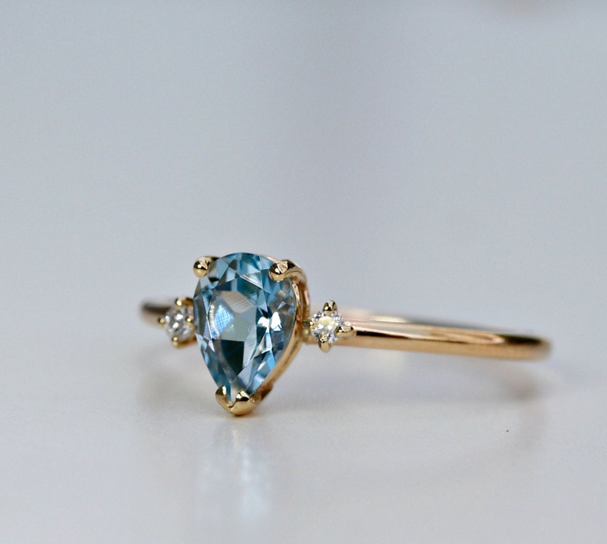Diamond &amp; Pear Aquamarine Engagement Ring in 14k Gold - Melt'm Jewelry