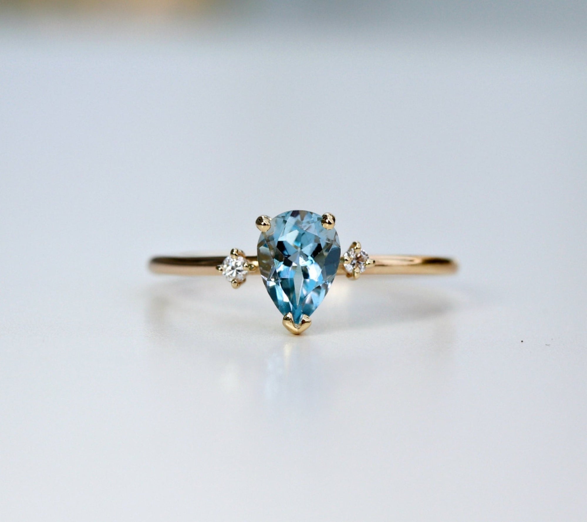 Diamond &amp; Pear Aquamarine Engagement Ring in 14k Gold - Melt'm Jewelry
