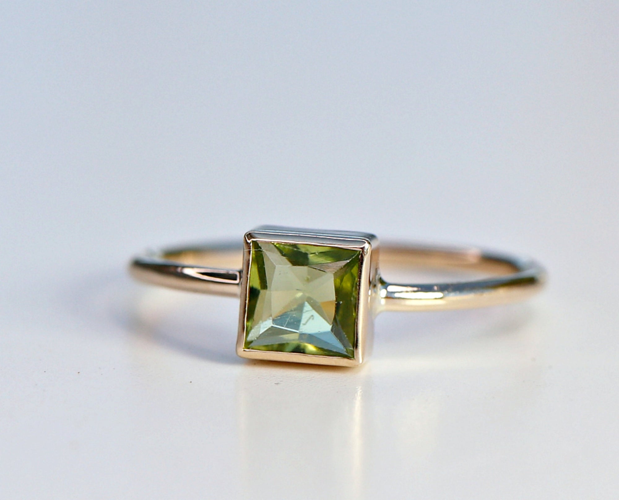 Princess Cut (Square) Peridot Ring, Sterling Silver, 14k White Gold Bezel Setting