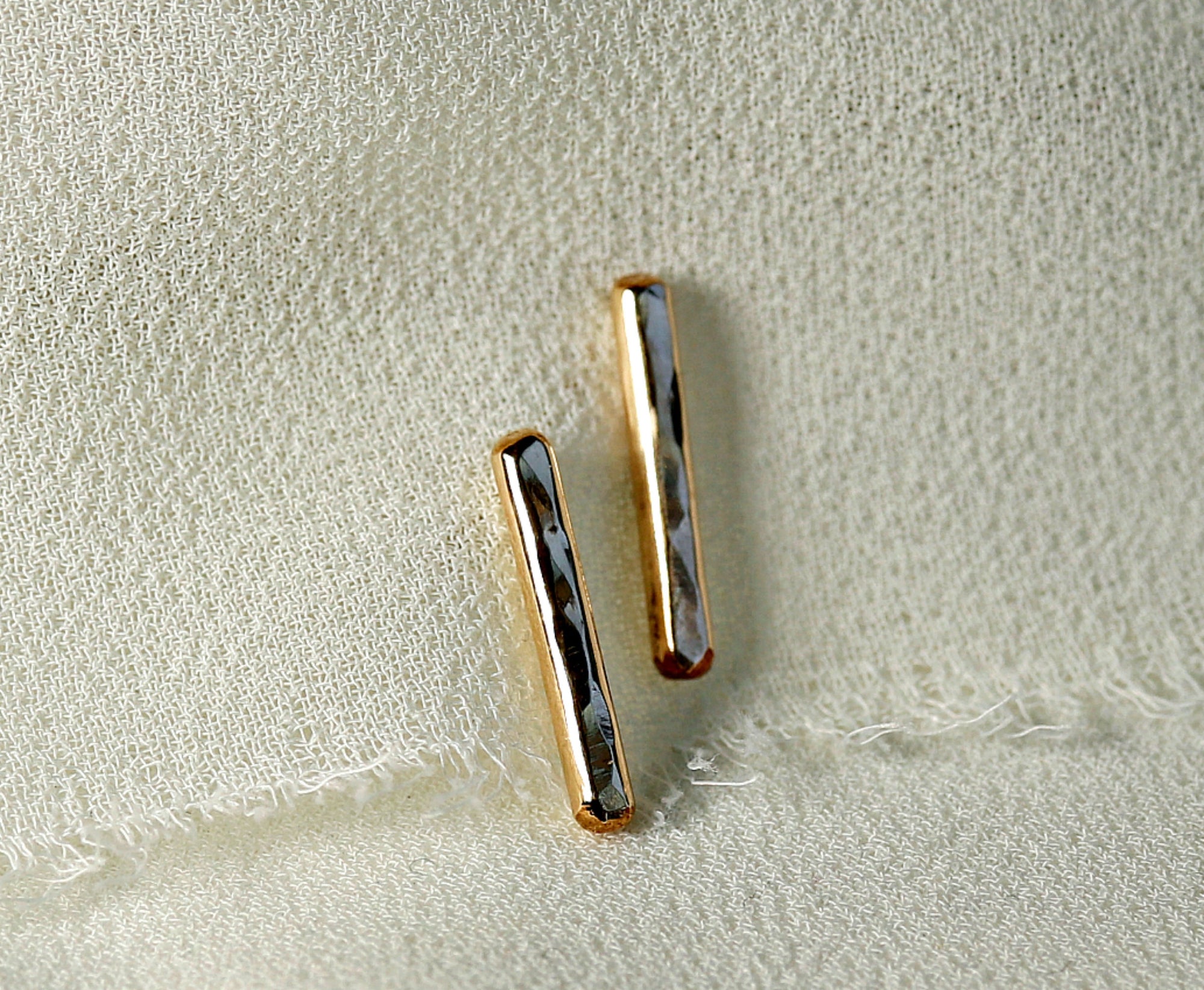 Minimal Simple Hammered Bar Stud Earrings Gold Filled