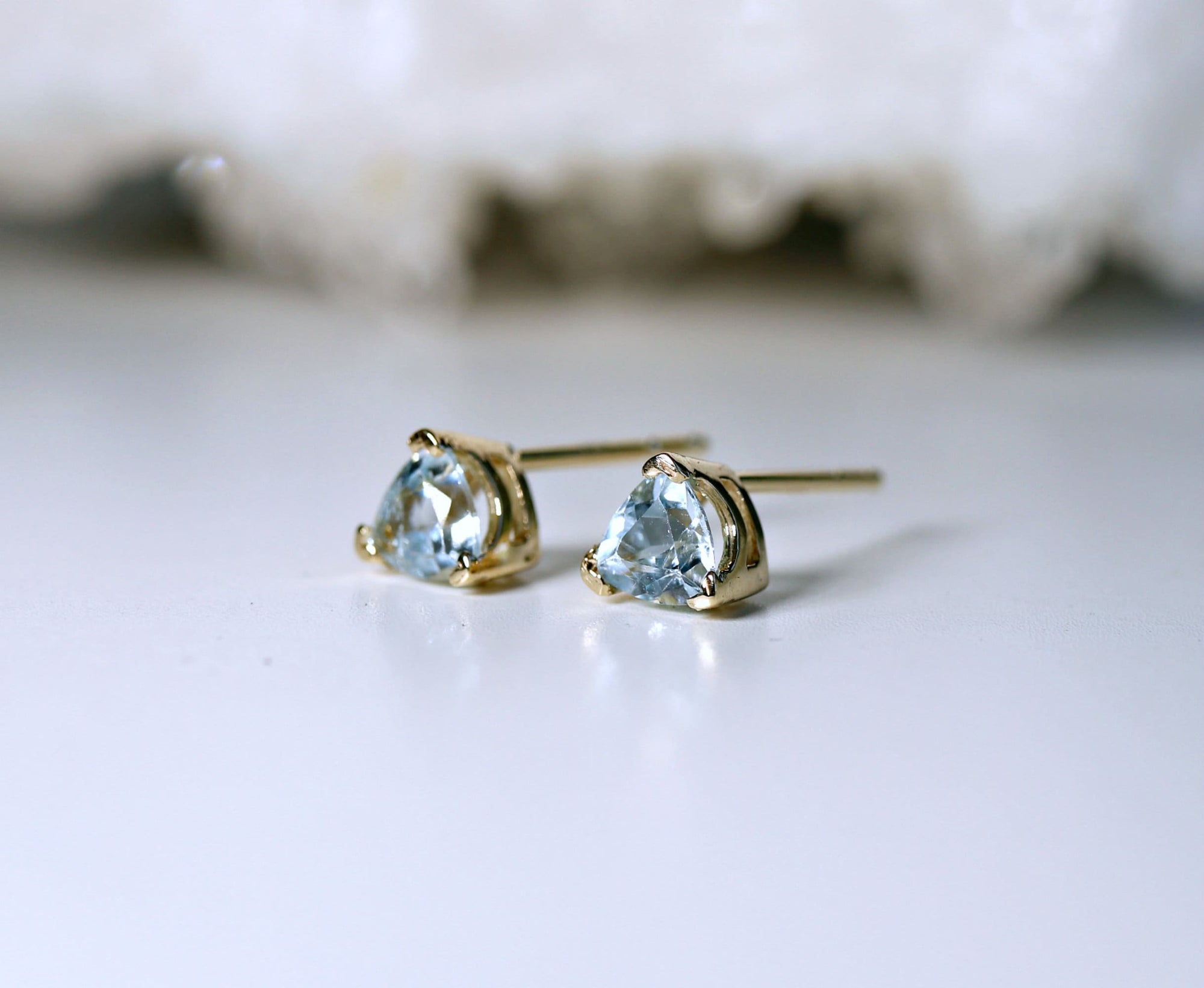 Trillion Blue Topaz Earrings 14k Gold, Gift For Her, Blue Topaz Stud Earrings