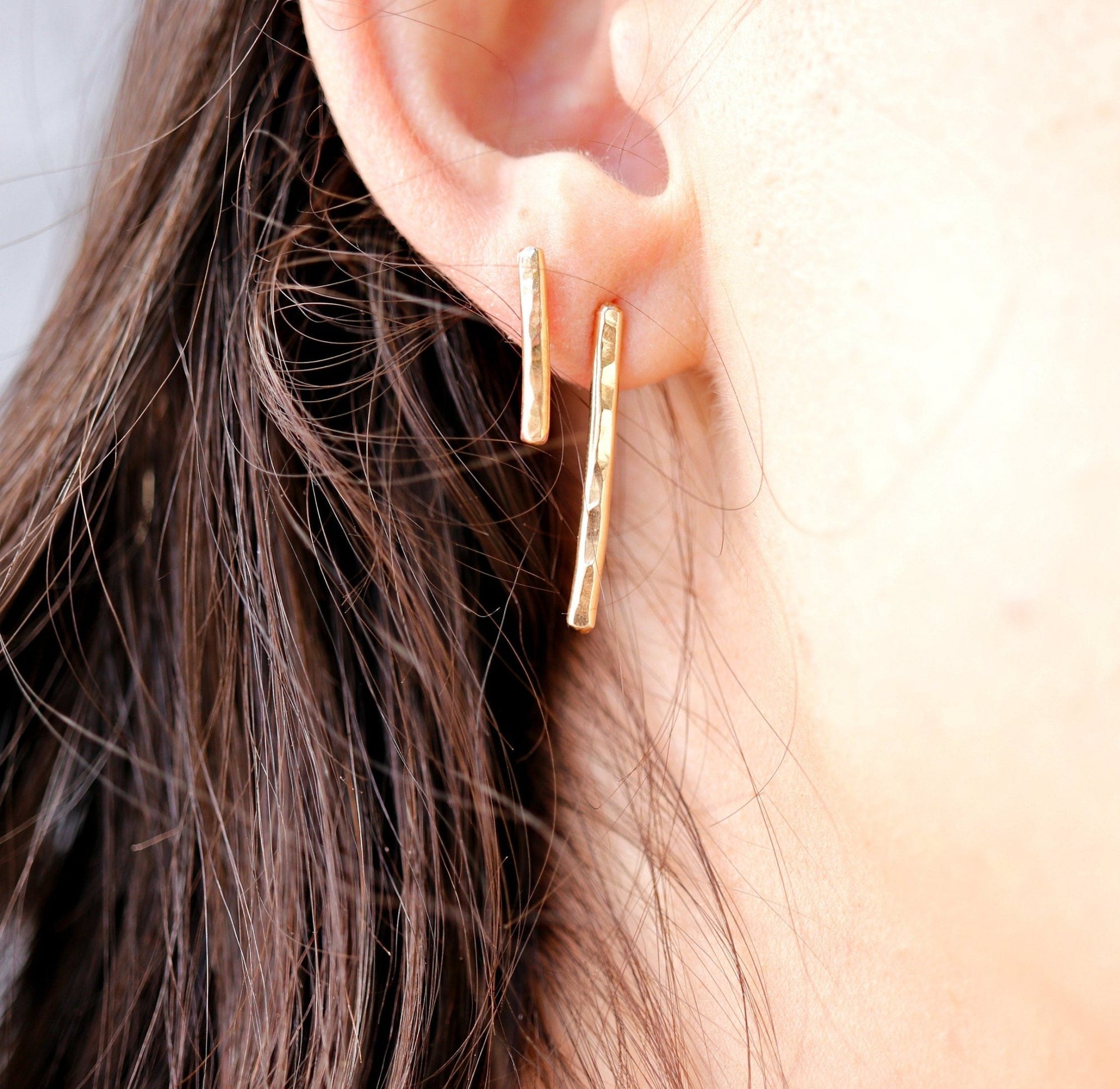 Minimal Simple Hammered Bar Stud Earrings Gold Filled - Melt'm Jewelry